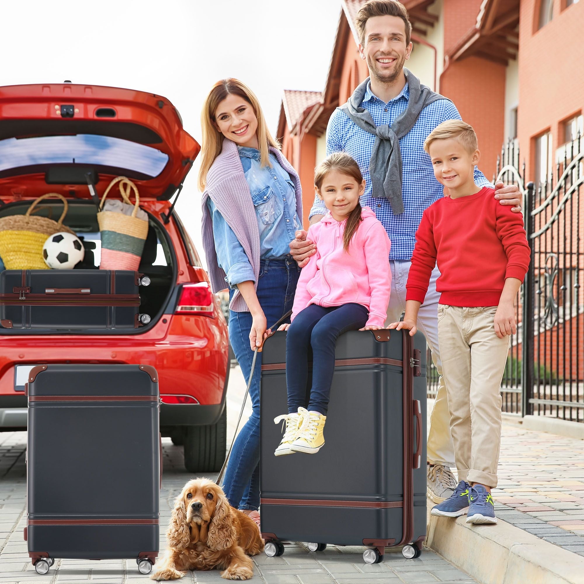 Hardshell Luggage Sets 3 Pieces 20"+24" Luggages and Cosmetic Case Spinner Suitcase with TSA Lock Lightweight,Black - Energize Trek