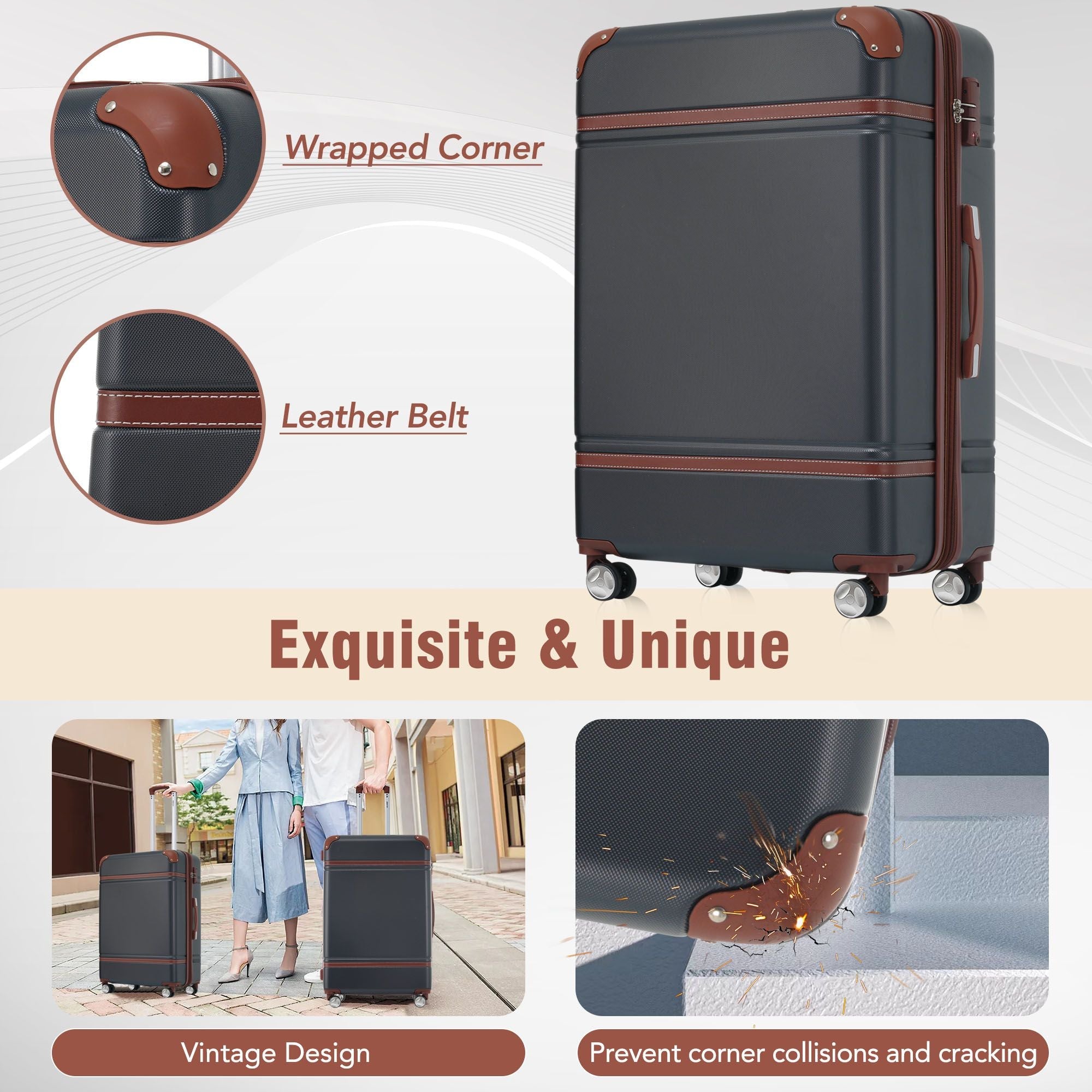Hardshell Luggage Sets 3 Pieces 20"+24" Luggages and Cosmetic Case Spinner Suitcase with TSA Lock Lightweight,Black - Energize Trek