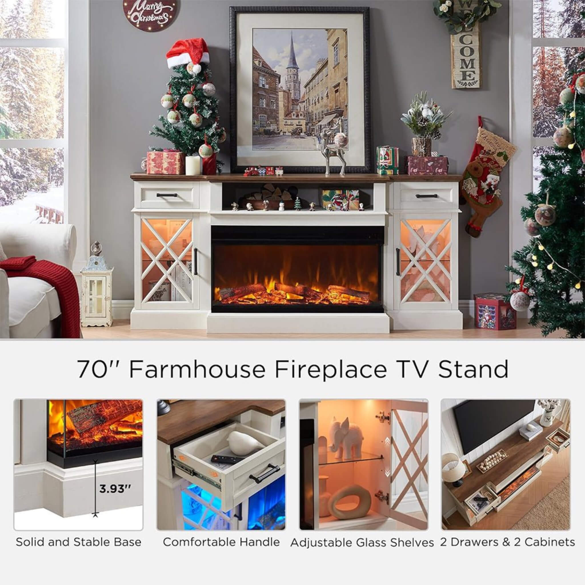 Electric Fireplace TV Stand With Glass Door Storage Cabinet, 70" (SAK58627) - Energize Trek