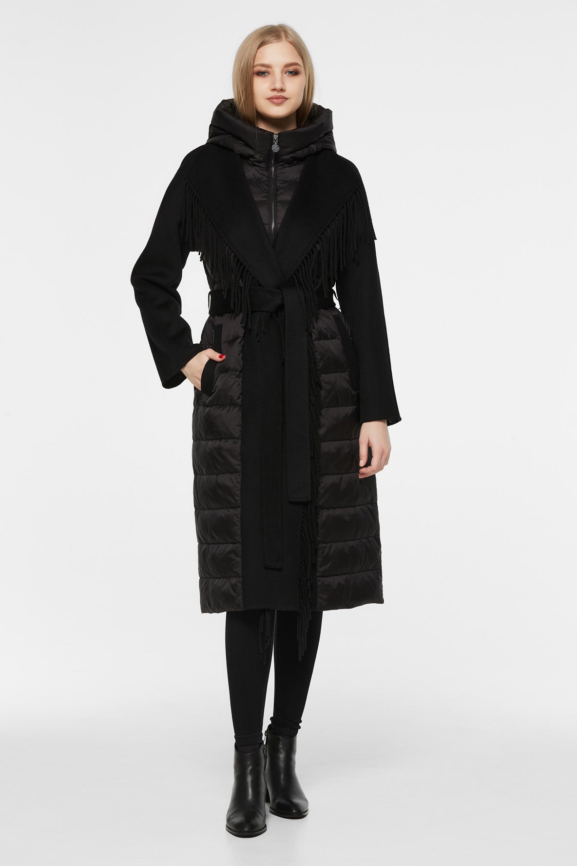 Kennedy Fringe Luxe Down Wool Blend Coat in Black - Energize Trek