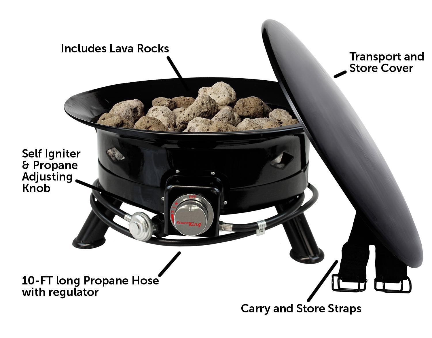 Flame King Outdoor Portable Propane Gas 24" Fire Pit Bowl with Self Igniter Cover Carry Straps - Energize Trek