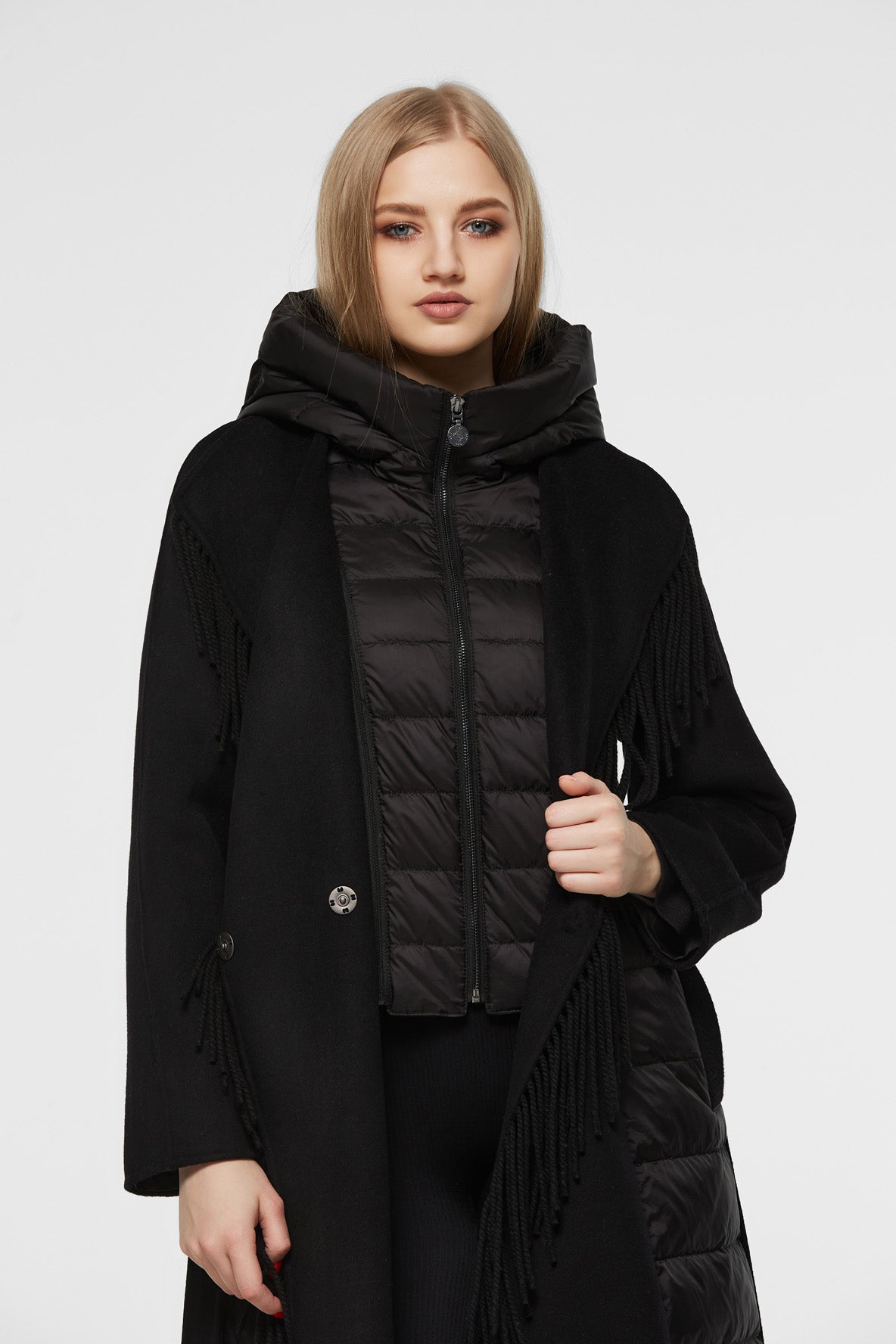 Kennedy Fringe Luxe Down Wool Blend Coat in Black - Energize Trek