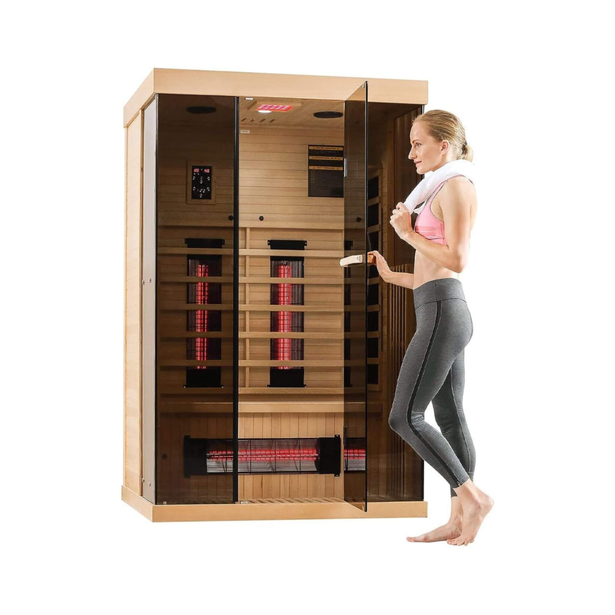 Luxury 2-Person Low EMF FAR Infrared Heat Wood Home Personal Spa Sauna W/ Panoramic Tempered Glass, 2000W (SAK27481) - Energize Trek