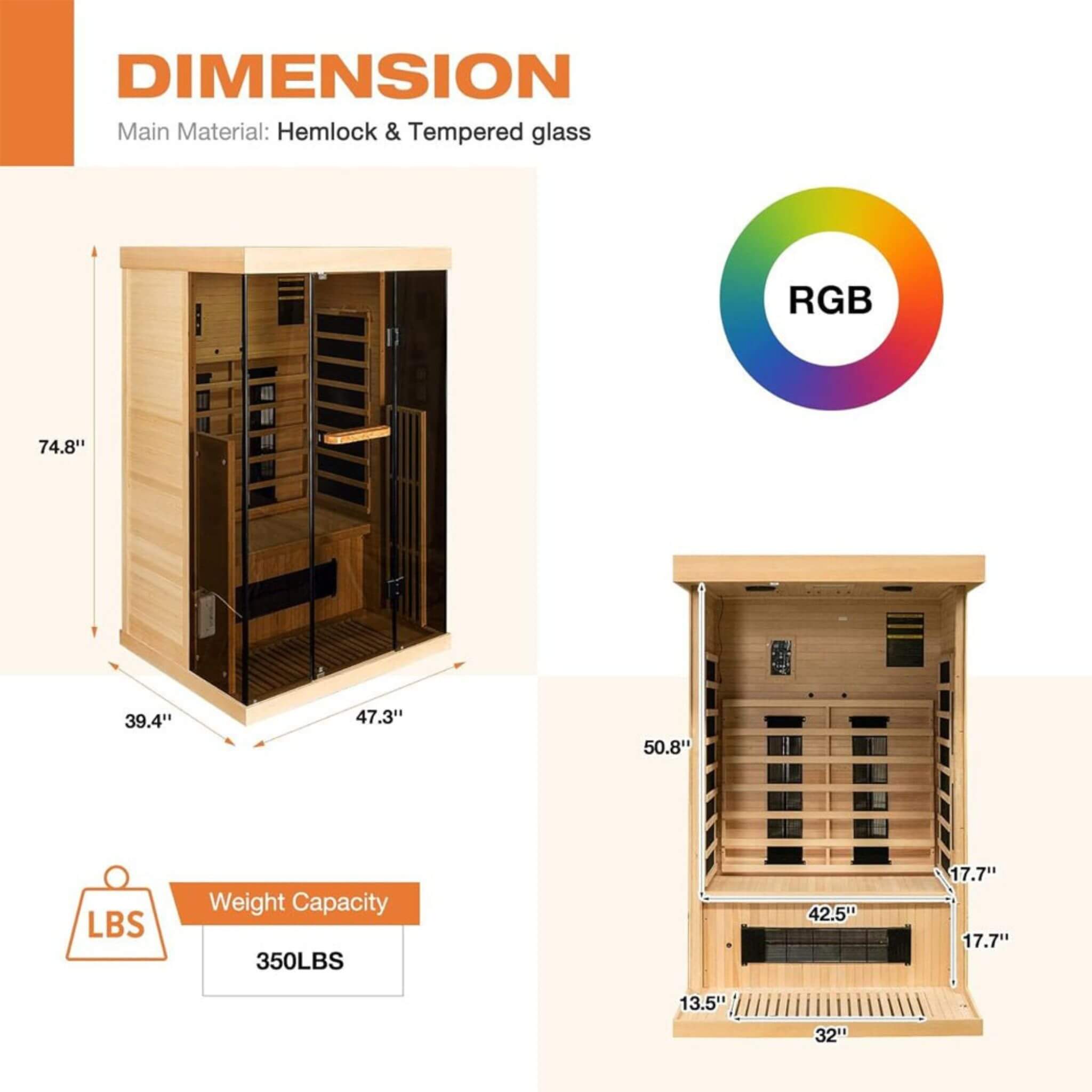 Luxury 2-Person Low EMF FAR Infrared Heat Wood Home Personal Spa Sauna W/ Panoramic Tempered Glass, 2000W (SAK27481) - Energize Trek