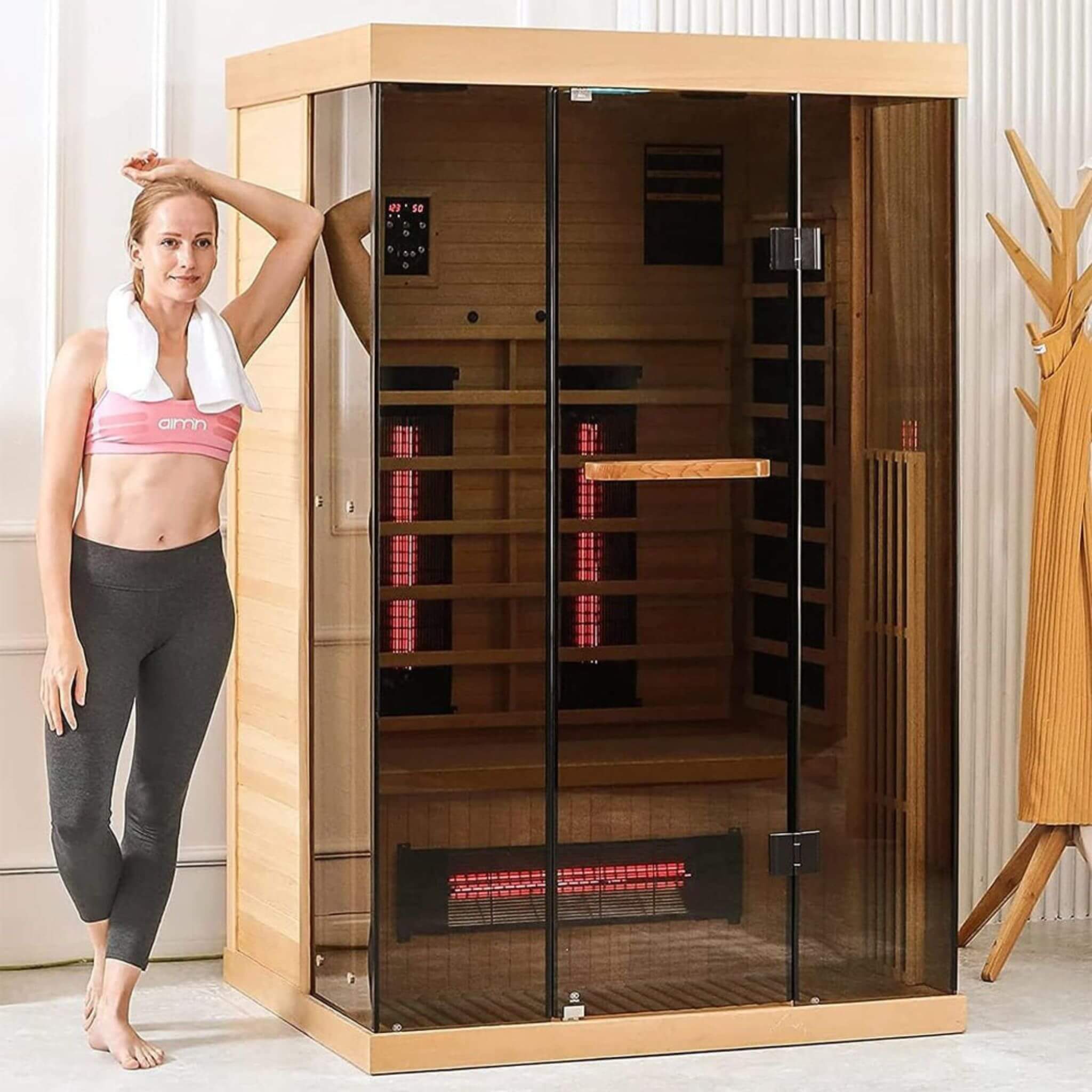 Luxury 2-Person Low EMF FAR Infrared Heat Wood Home Personal Spa Sauna W/ Panoramic Tempered Glass, 2000W (SAK27481) - Energize Trek