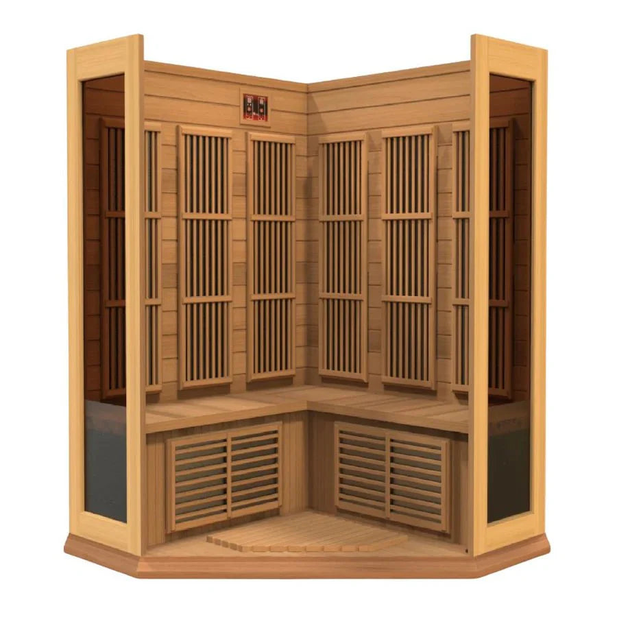 Maxxus 3-Person Corner Low EMF FAR Infrared Sauna – Canadian Hemlock - Energize Trek