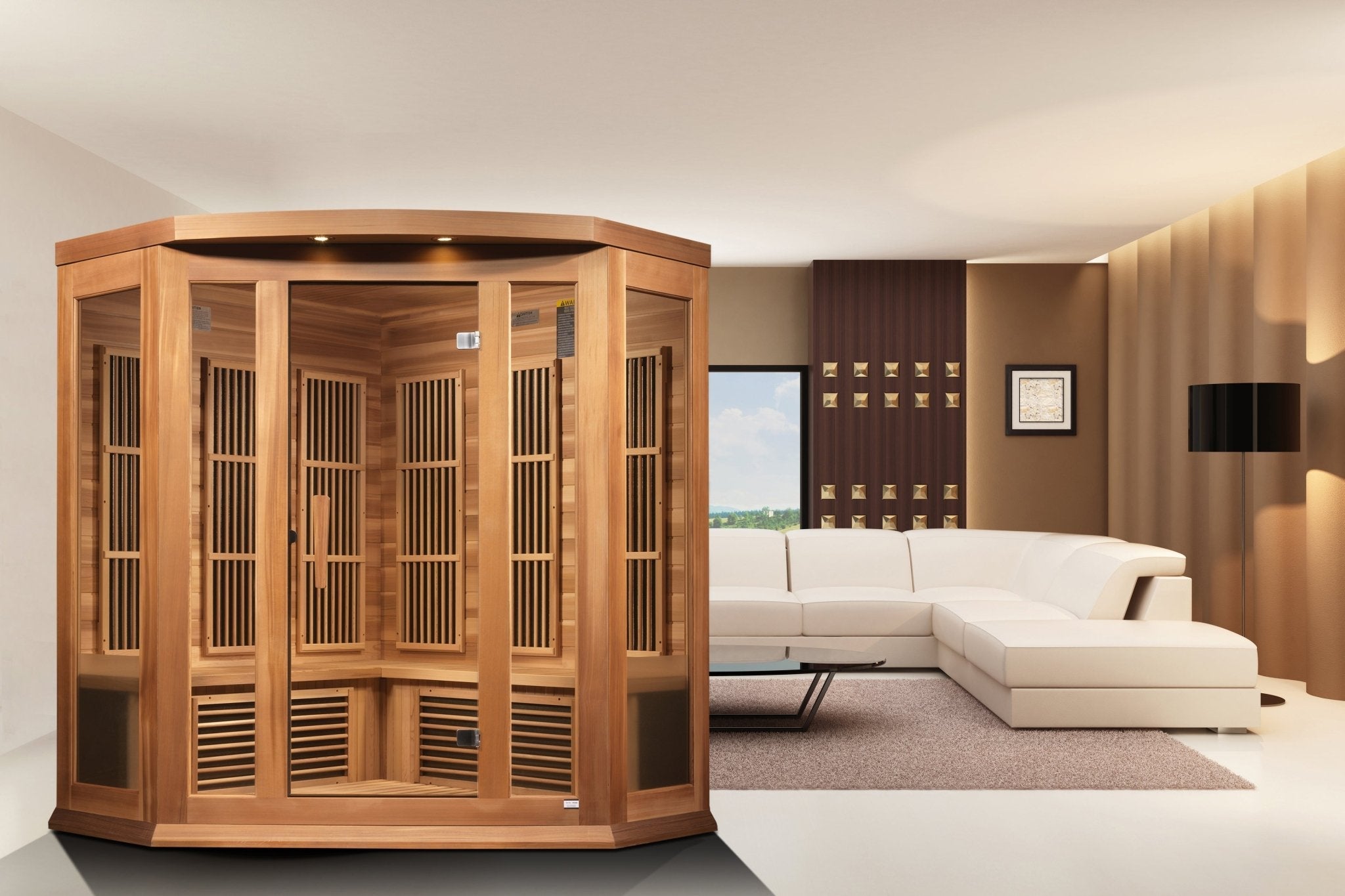 Maxxus 3-Person Corner Low EMF FAR Infrared Sauna – Canadian Hemlock - Energize Trek