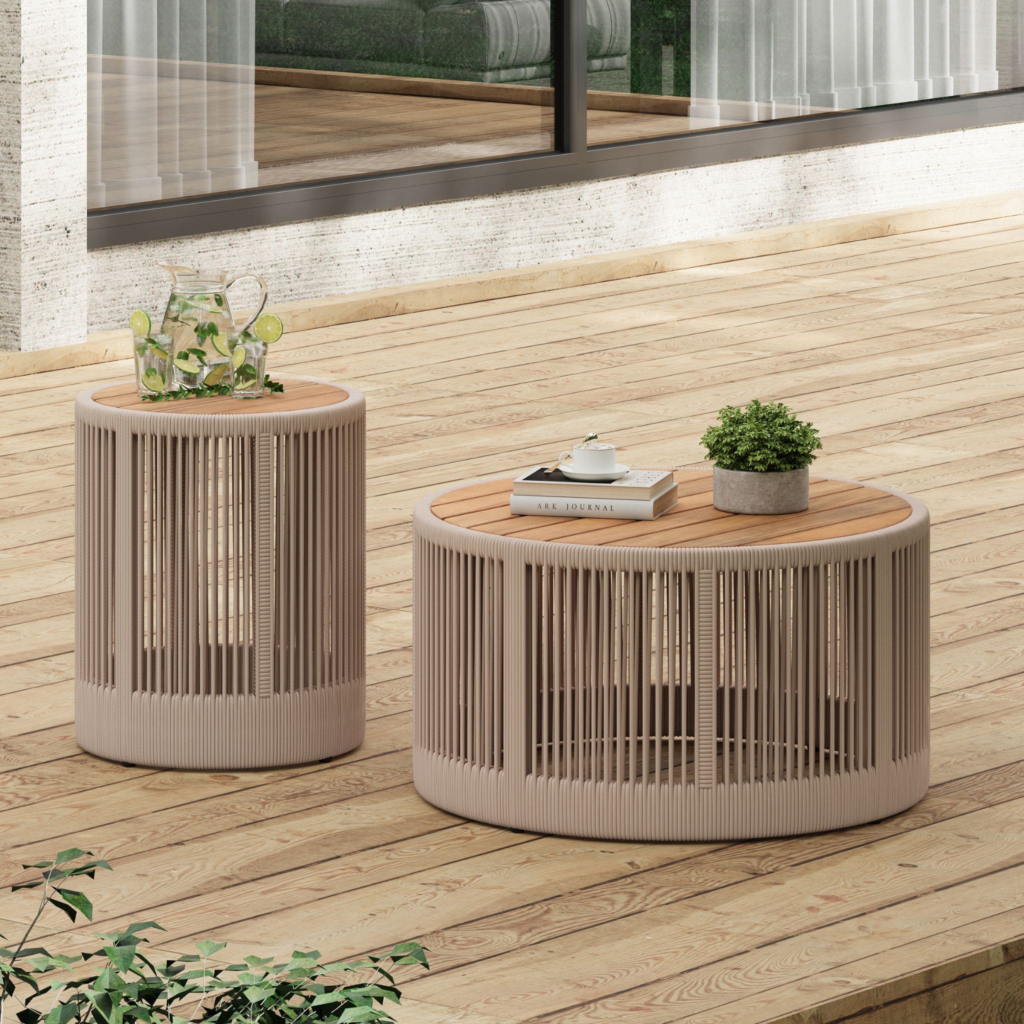 Modern Rustic Coffee Table & Side Table With Woven Rope Design (SAK56739) - Energize Trek
