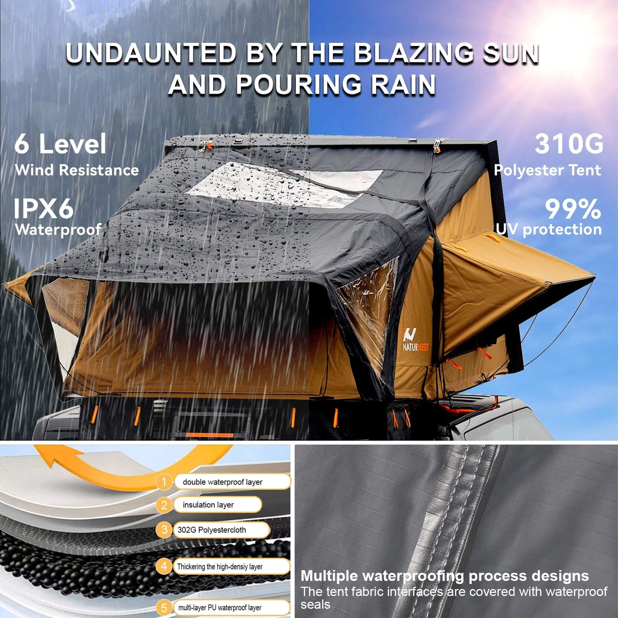 Naturnest Sirius 3 Premium 2XL 3-Person Clamshell Roof Top Tent (SAK62917) - Energize Trek