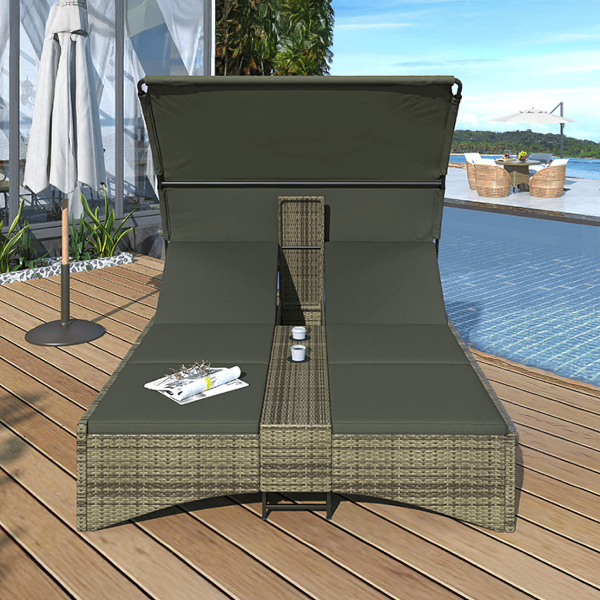 Outdoor Rattan Patio Daybed With Adjustable Backrest, Canopy Roof, Storage Box And Cup Holders (SAK54220) - Energize Trek