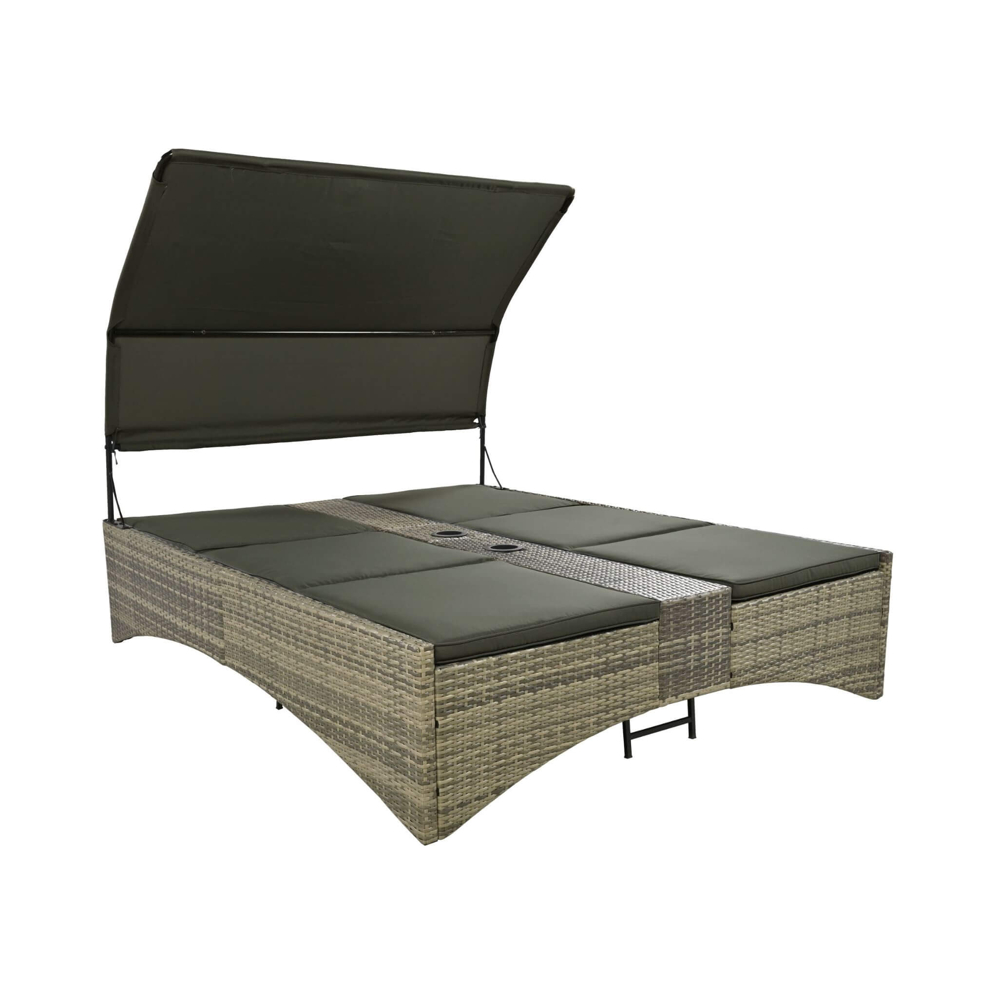 Outdoor Rattan Patio Daybed With Adjustable Backrest, Canopy Roof, Storage Box And Cup Holders (SAK54220) - Energize Trek