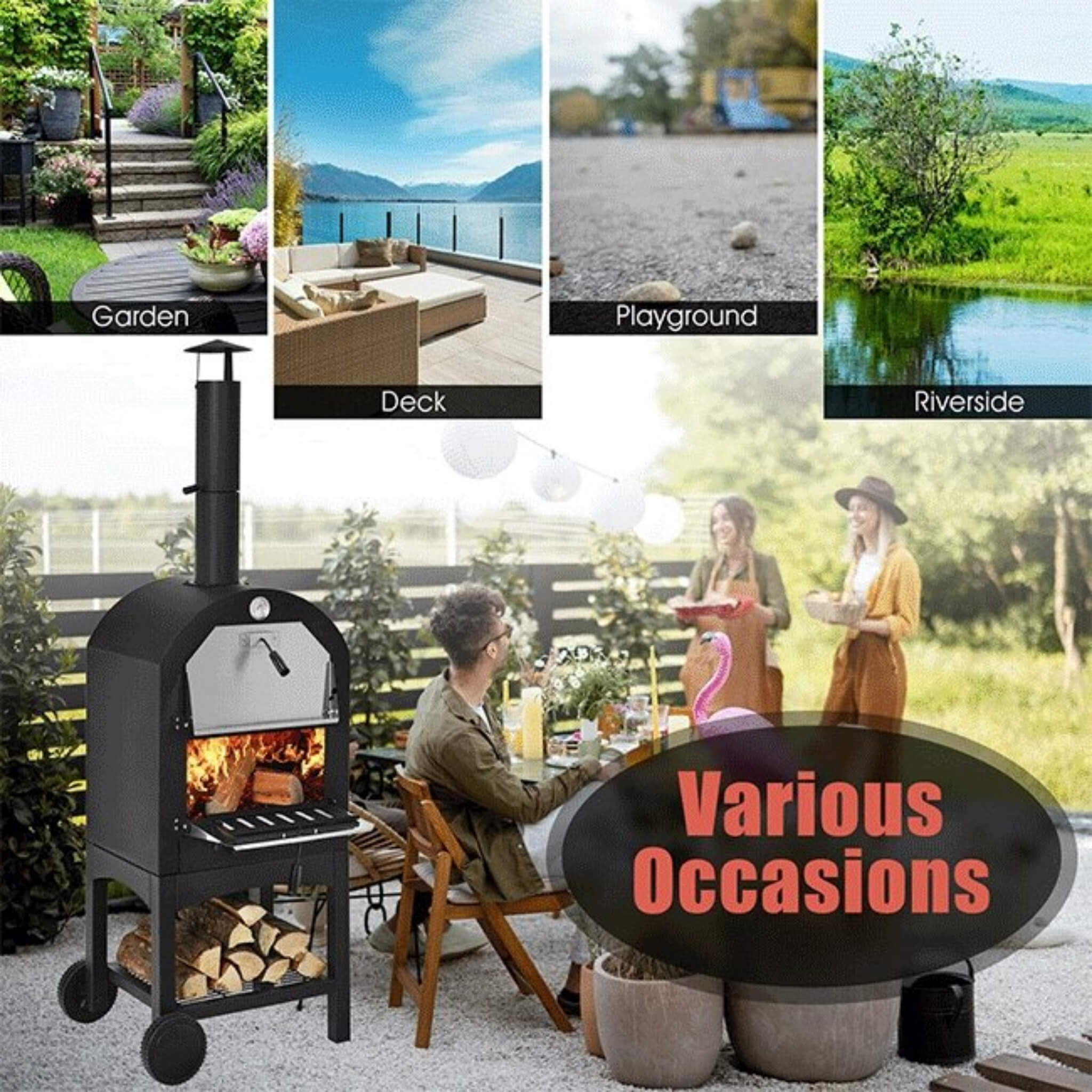 Portable Outdoor Wood Fired Pizza Oven W/ Pizza Stone & Waterproof Cover (SAK82635) - Energize Trek