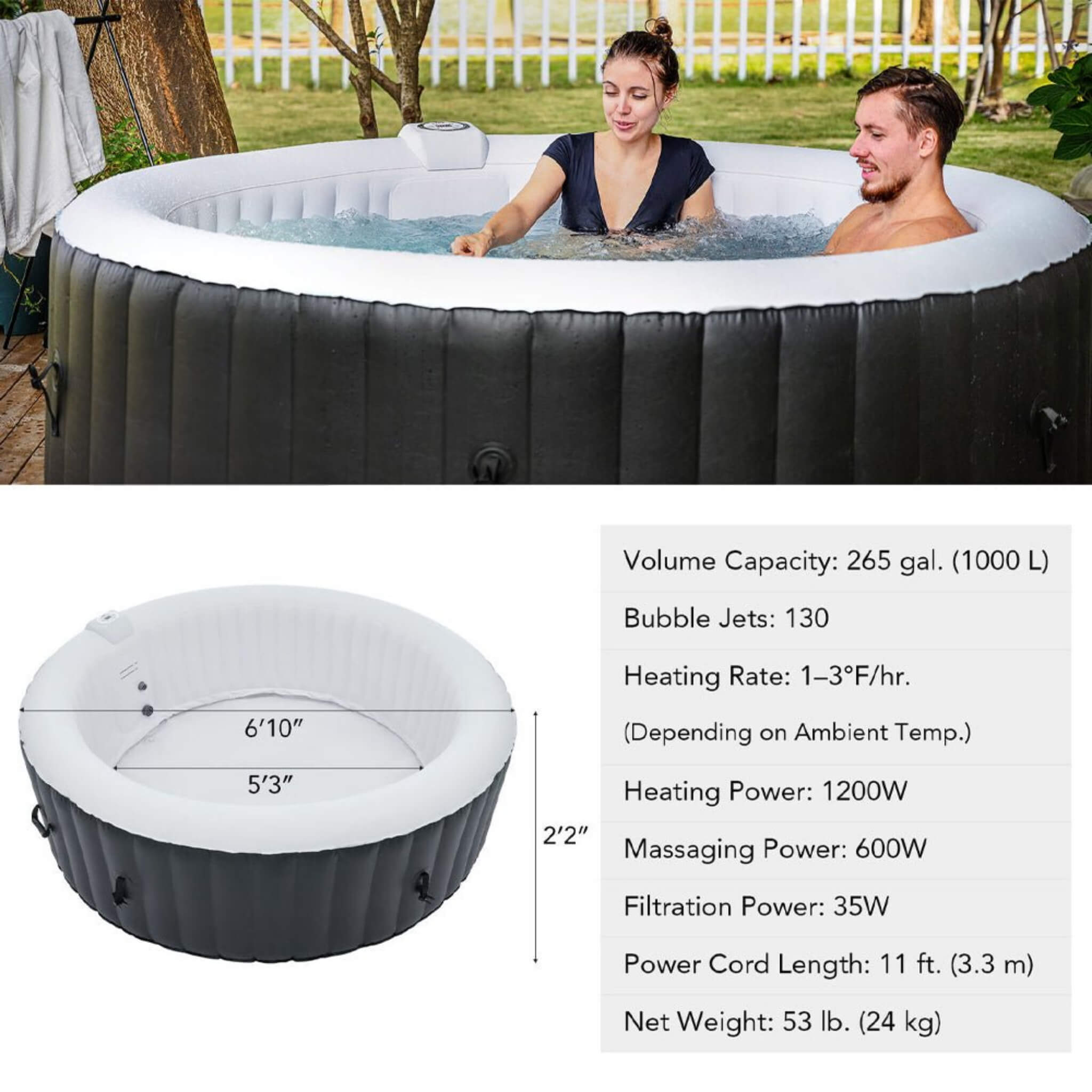 Premium Blow Up 6 Person Sauna Pool Hot Tub With 130 Jets, 7FT (SAK63510) - Energize Trek