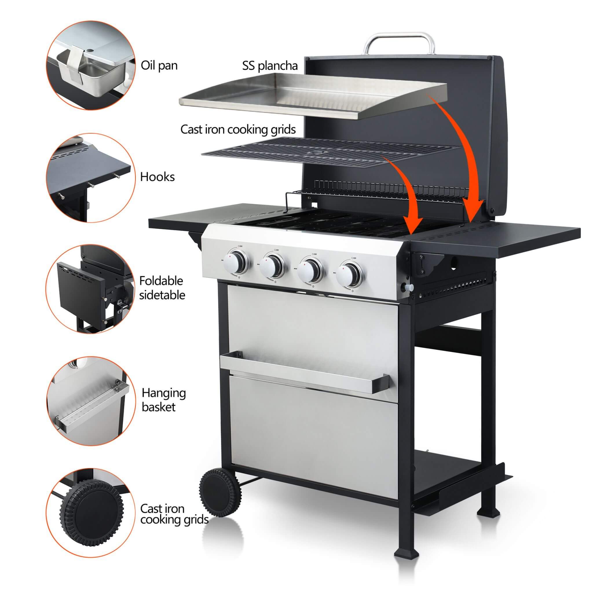 Premium Outdoor 4-Burner Propane BBQ Grill With Foldable Side Tables, Hanging Basket, And Cooking Grids (SAK53213) - Energize Trek