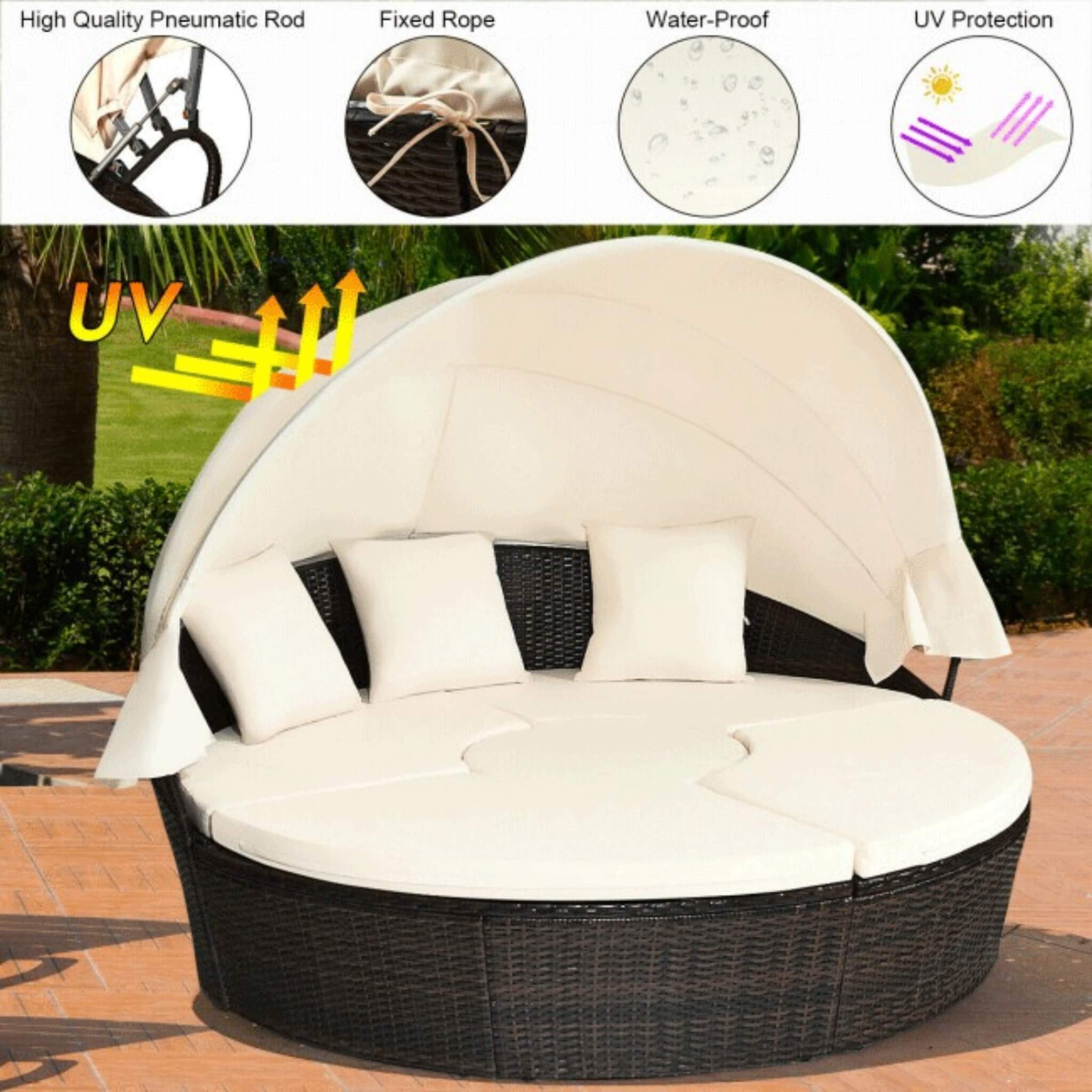 Premium Round Outdoor Patio Rattan Daybed W/ Canopy & Table, 76" (SAK96418) - Energize Trek