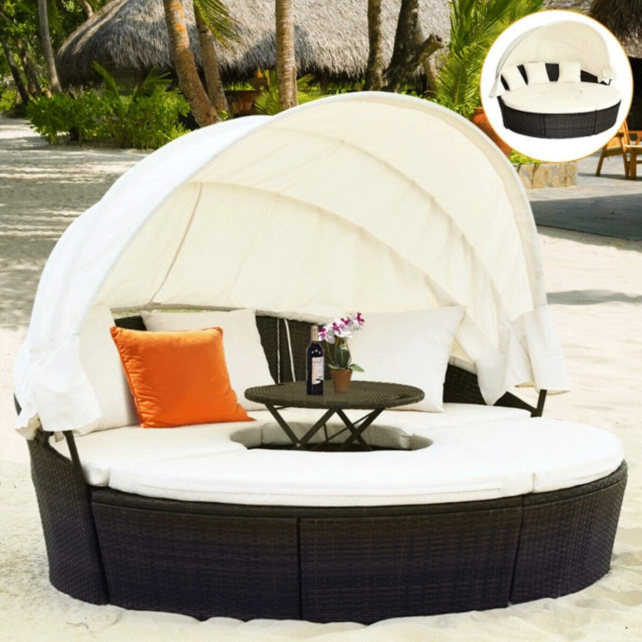 Premium Round Outdoor Patio Rattan Daybed W/ Canopy & Table, 76" (SAK96418) - Energize Trek