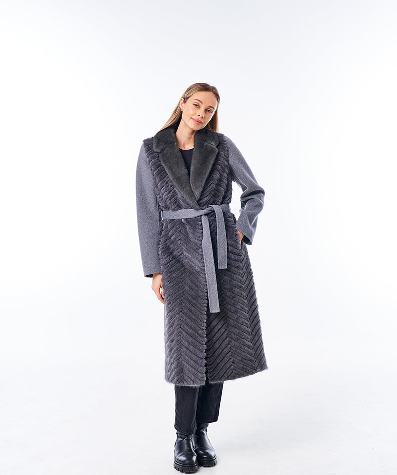 Genuine Mink Fur Rex Fur Trim Virgin Wool Coat - Energize Trek