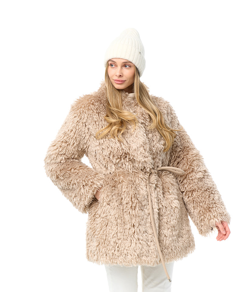 Faux Fur Coat with Leather Belt - Energize Trek