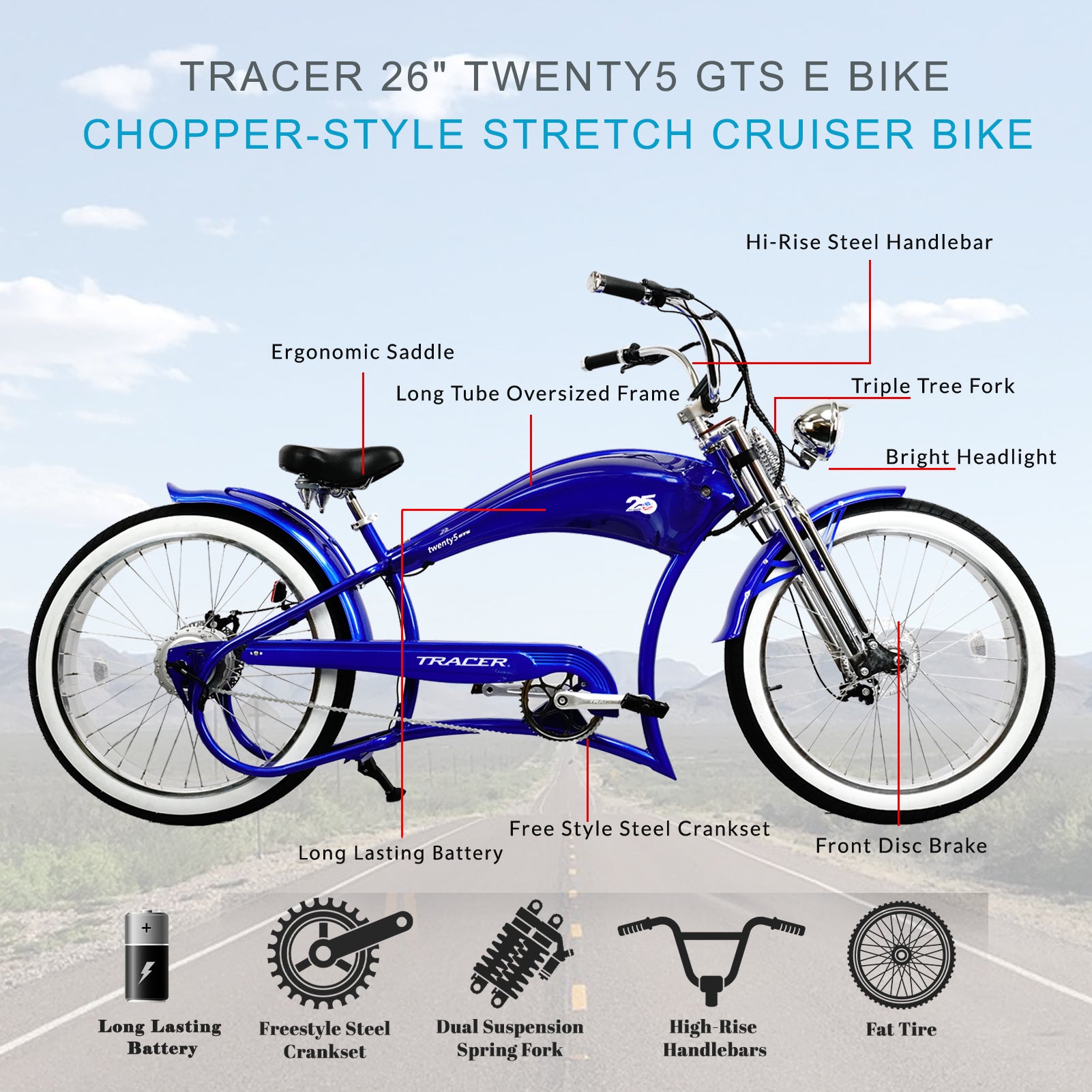Tracer Twenty5 GTS 26" Chopper Stretch Cruiser E-Bike Steel Frame Triple Tree Dual Springer Classical Fork Disc Brake Motor 5-Speed Hi-Rise HANDLEBAR Alloy Polishing FAT Rims Front 3" Rear 4" 26x3.0 White Wall Tires - Energize Trek