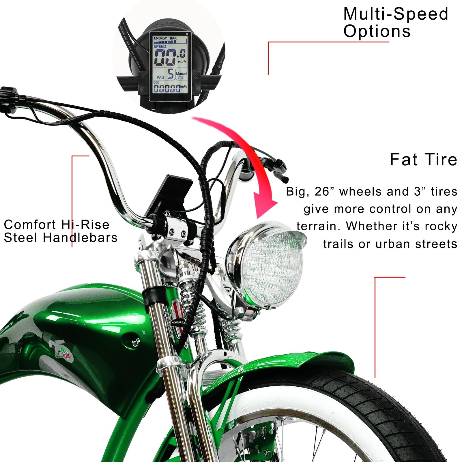 Tracer Twenty5 GTS 26" Chopper Stretch Cruiser E-Bike Steel Frame Triple Tree Dual Springer Classical Fork Disc Brake Motor 5-Speed Hi-Rise HANDLEBAR Alloy Polishing FAT Rims Front 3" Rear 4" 26x3.0 White Wall Tires - Energize Trek