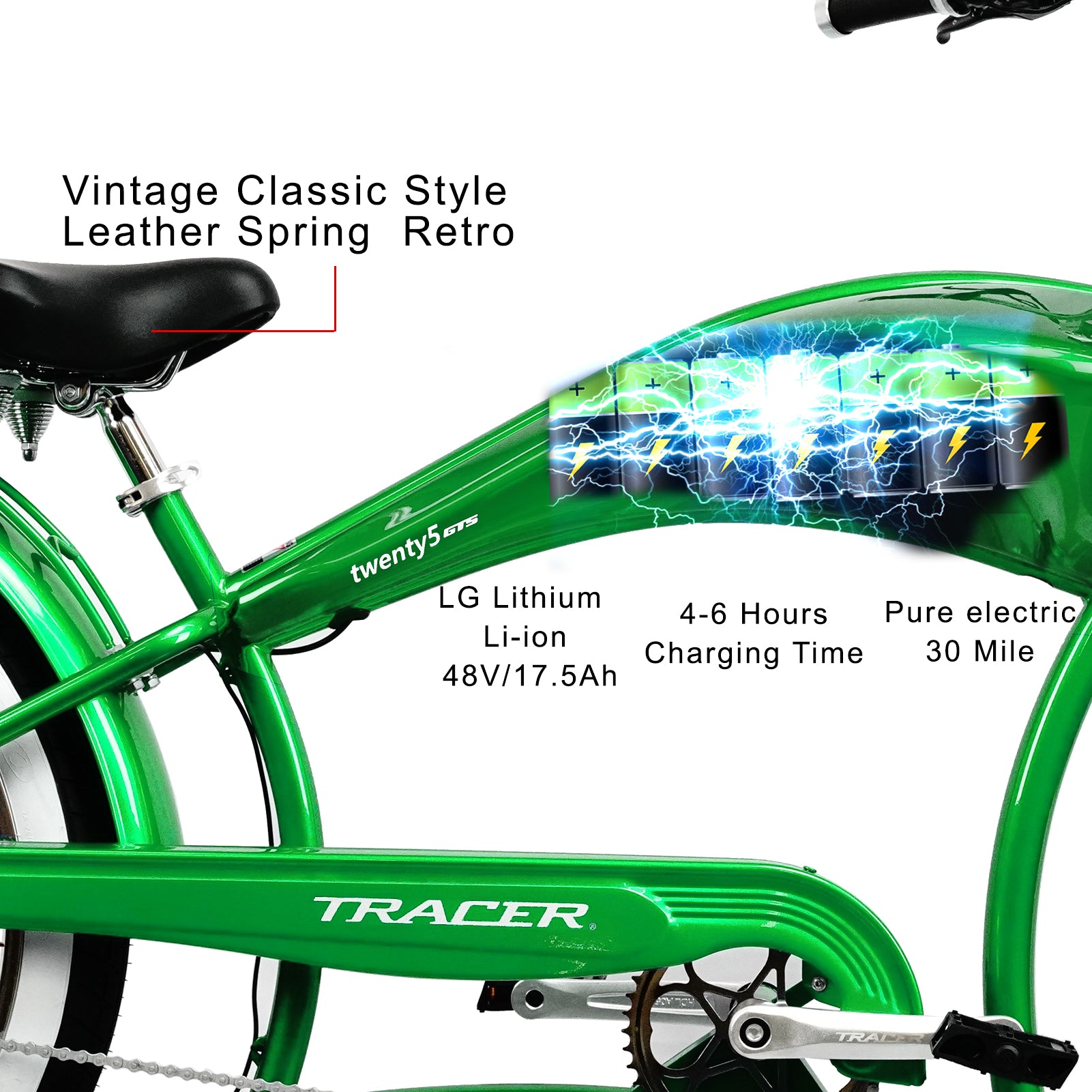 Tracer Twenty5 GTS 26" Chopper Stretch Cruiser E-Bike Steel Frame Triple Tree Dual Springer Classical Fork Disc Brake Motor 5-Speed Hi-Rise HANDLEBAR Alloy Polishing FAT Rims Front 3" Rear 4" 26x3.0 White Wall Tires - Energize Trek