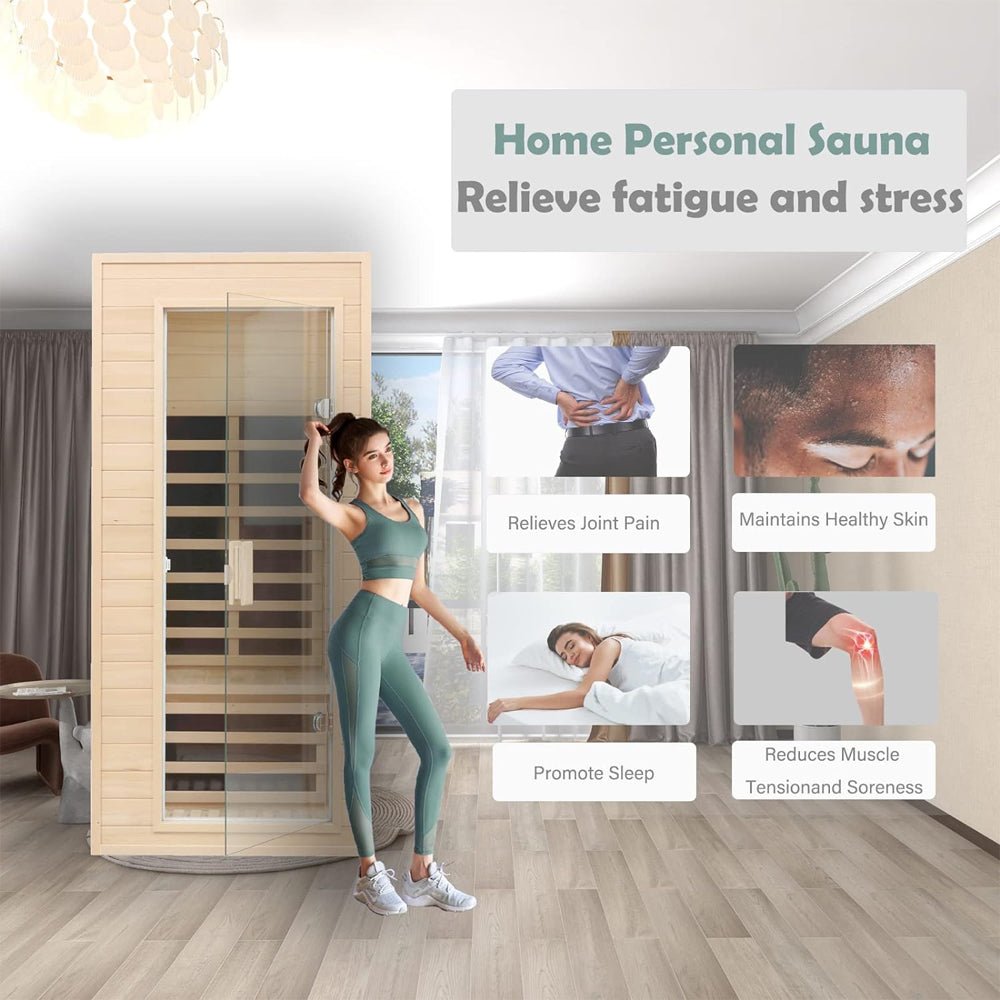 Premium 1-Person Indoor Low EMF FAR Infrared Heat Hemlock Wood Personal Home Spa Sauna, 1200W (SAK27463) - Energize Trek