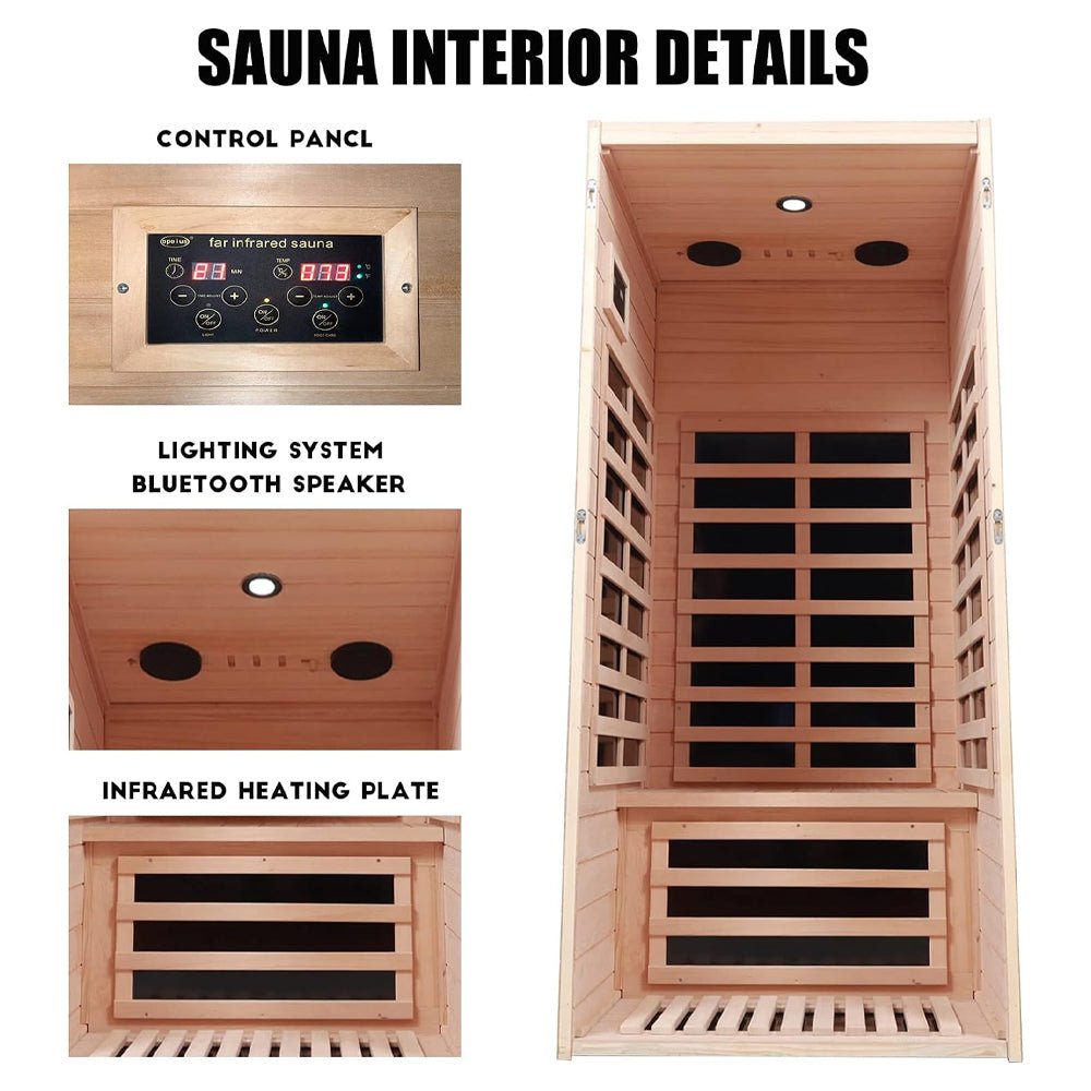 Premium 1-Person Indoor Low EMF FAR Infrared Heat Hemlock Wood Personal Home Spa Sauna, 1200W (SAK27463) - Energize Trek