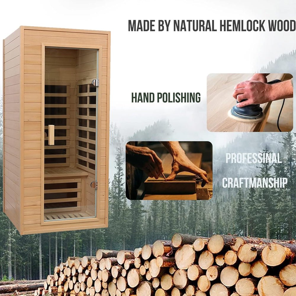Premium 1-Person Indoor Low EMF FAR Infrared Heat Hemlock Wood Personal Home Spa Sauna, 1200W (SAK27463) - Energize Trek
