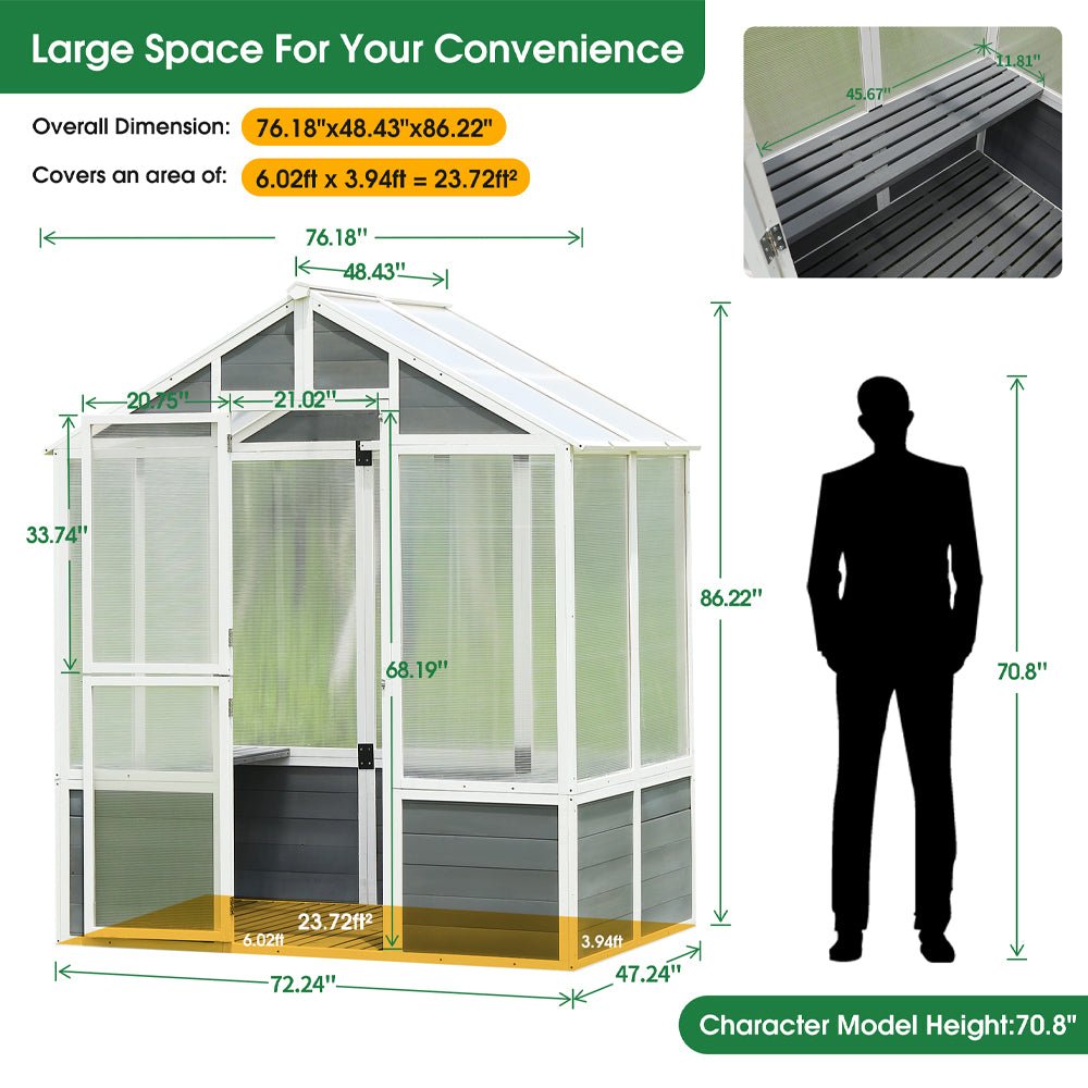 Outdoor Walk-In Polycarbonate Garden Greenhouse With Drain Holes, 4x6FT (SAK51873) - Energize Trek