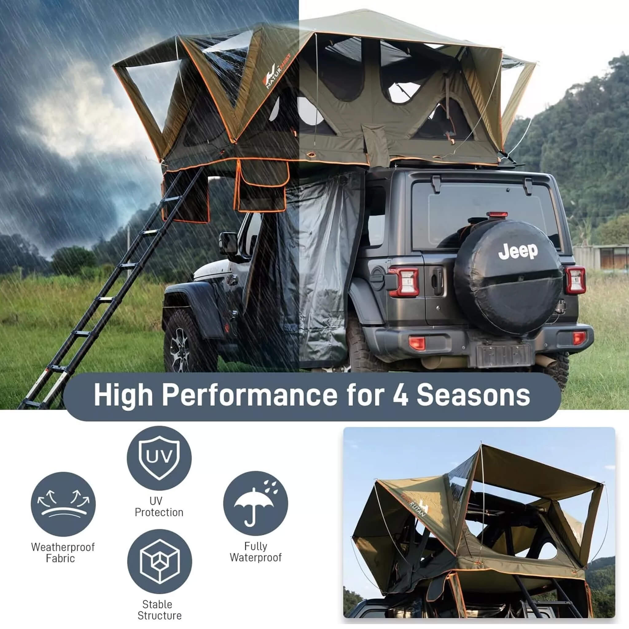 Naturnest Andromeda Green Soft Shell Rooftop Tent With Large Panoramic Skylight & YKK Doors (SAK50612) - Energize Trek