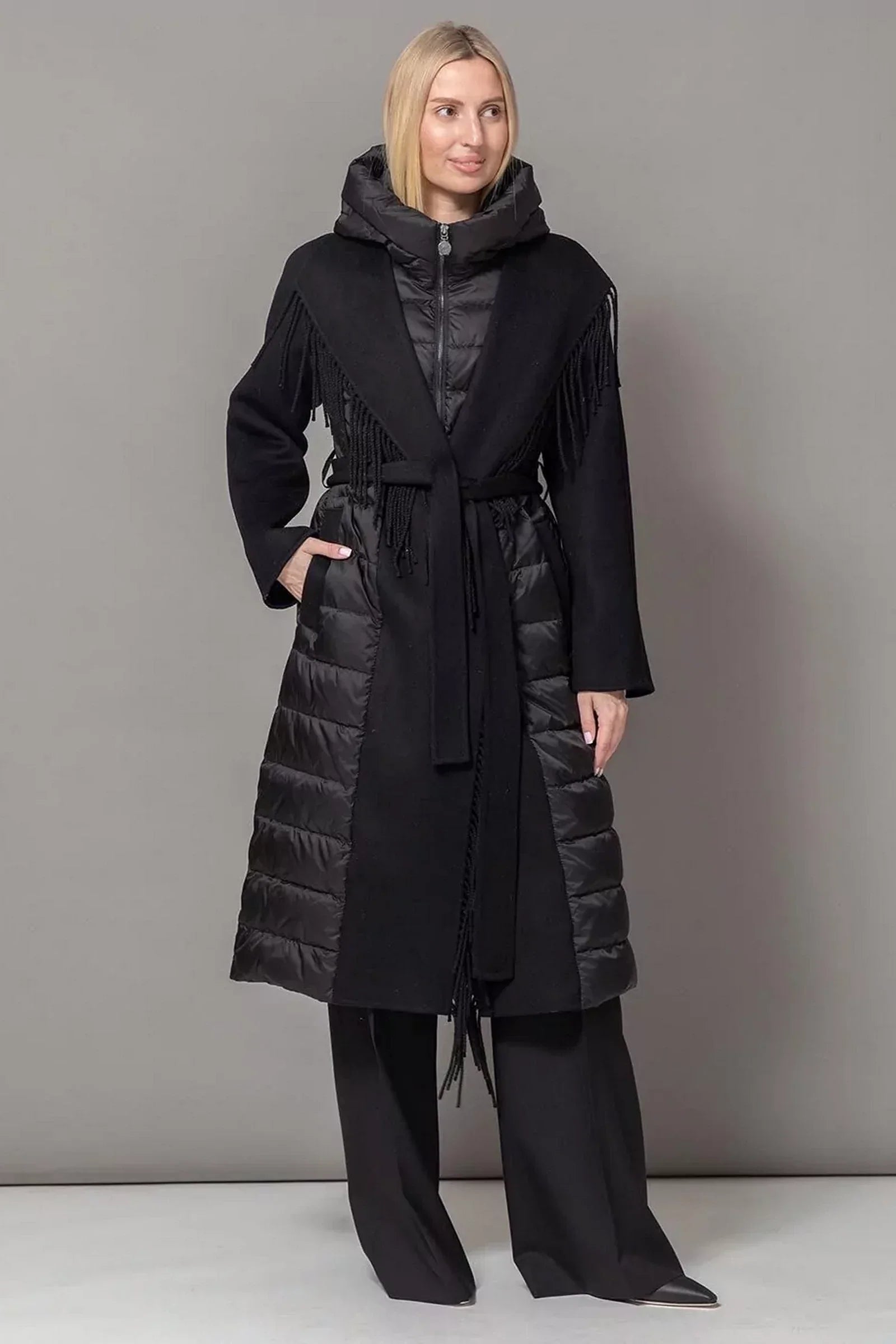 Kennedy Fringe Luxe Down Wool Blend Coat in Black - Energize Trek