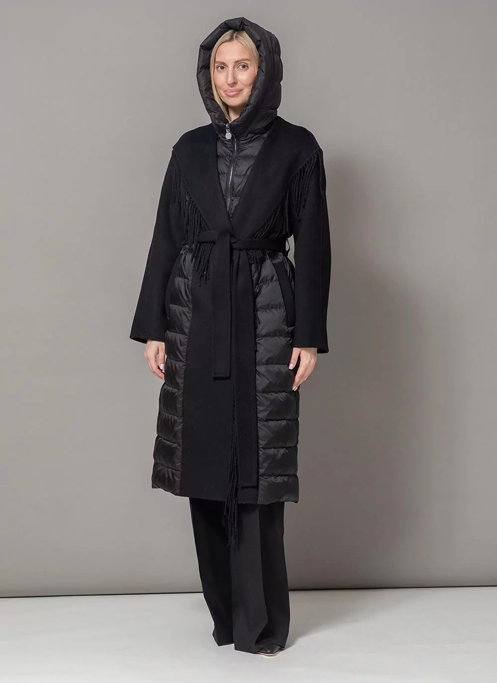 Kennedy Fringe Luxe Down Wool Blend Coat in Black - Energize Trek