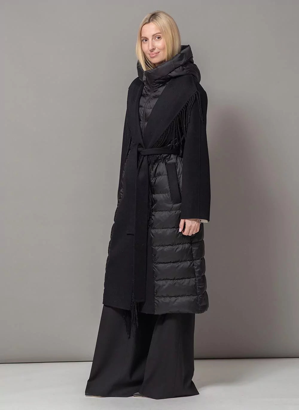 Kennedy Fringe Luxe Down Wool Blend Coat in Black - Energize Trek