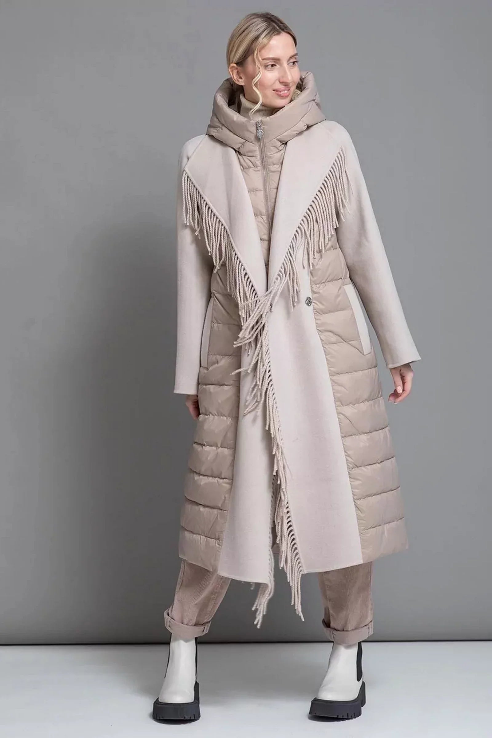 Kennedy Fringe Luxe Down Wool Coat in Beige - Energize Trek