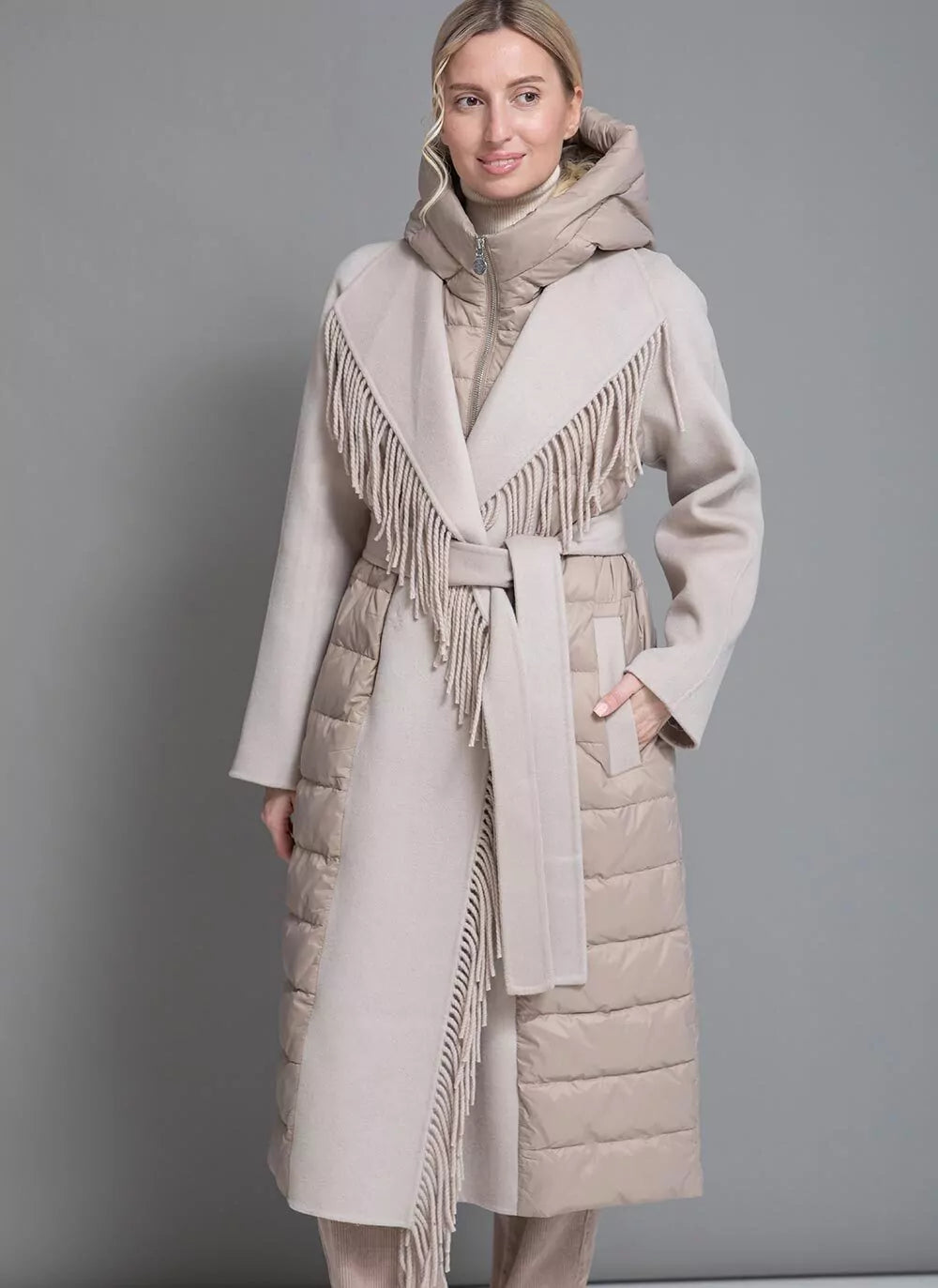 Kennedy Fringe Luxe Down Wool Coat in Beige - Energize Trek