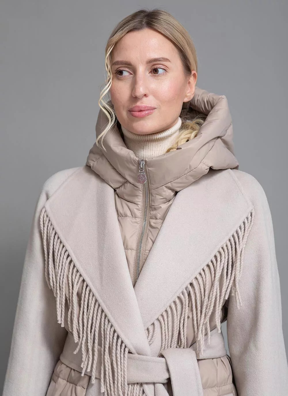 Kennedy Fringe Luxe Down Wool Coat in Beige - Energize Trek