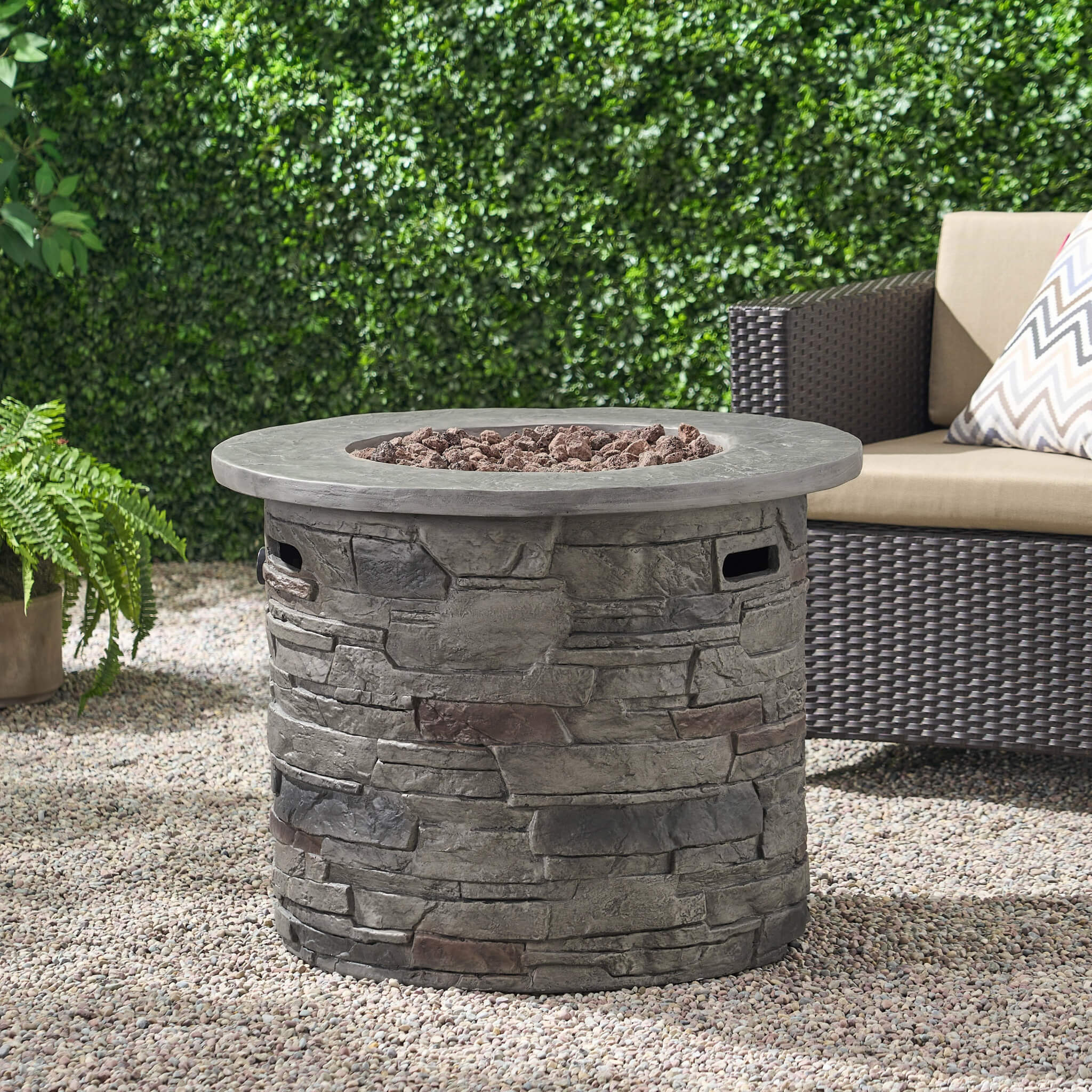 32" Transitional Outdoor Concrete Round Propane Fire Pit Table, Gray (SAK48268) - Energize Trek
