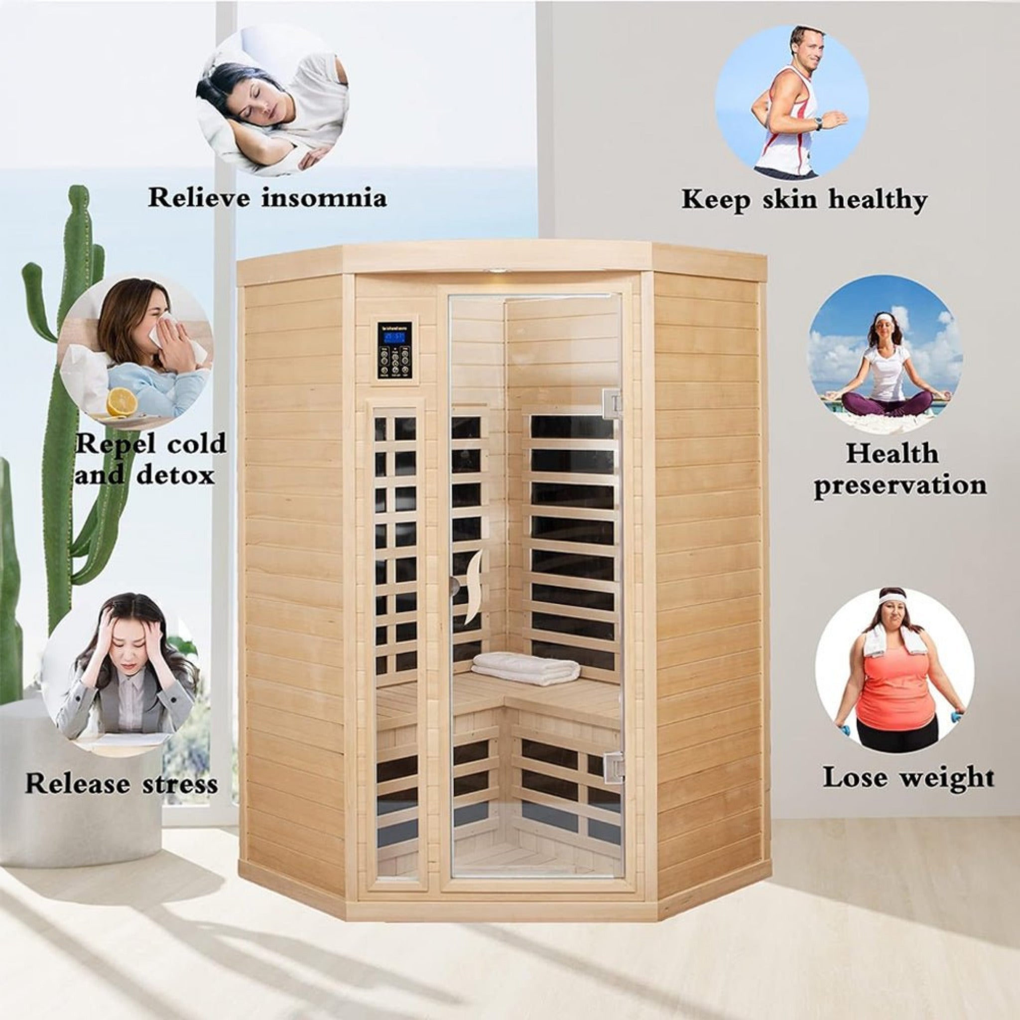 Premium 2-Person Corner Space Infrared Wooden Sauna Room With Bluetooth Speakers, 1600W (SAK81524) - Energize Trek