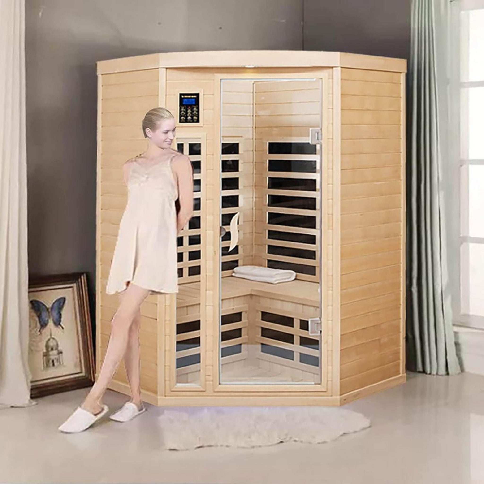 Premium 2-Person Corner Space Infrared Wooden Sauna Room With Bluetooth Speakers, 1600W (SAK81524) - Energize Trek