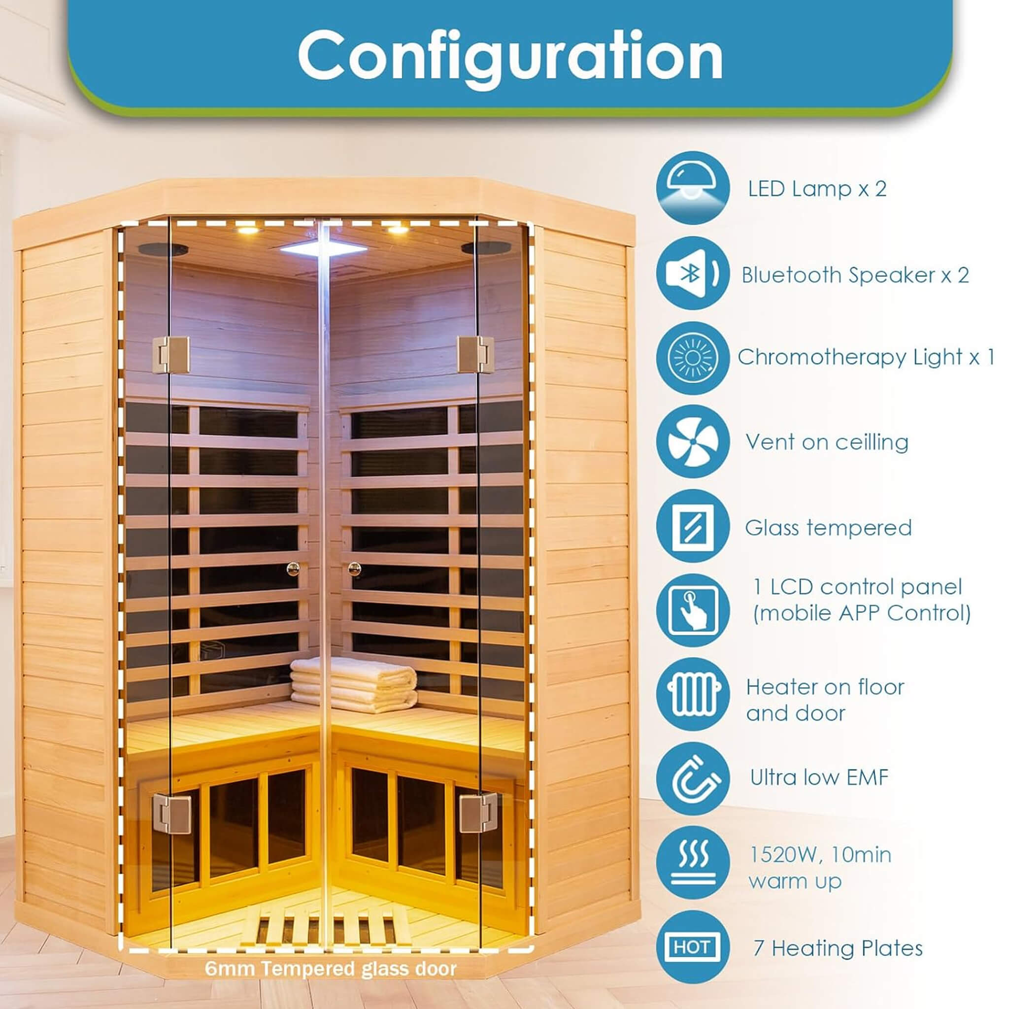 Premium 2-Person Corner Space Infrared Wooden Sauna Room With Bluetooth Speakers, 1600W (SAK81524) - Energize Trek