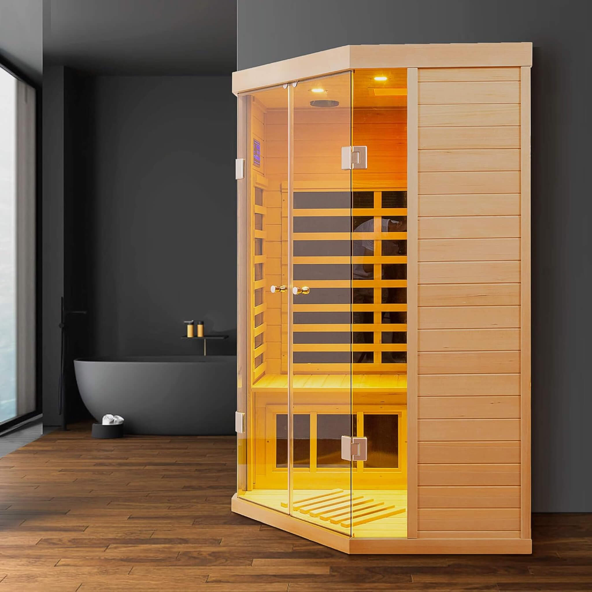 Premium 2-Person Corner Space Infrared Wooden Sauna Room With Bluetooth Speakers, 1600W (SAK81524) - Energize Trek