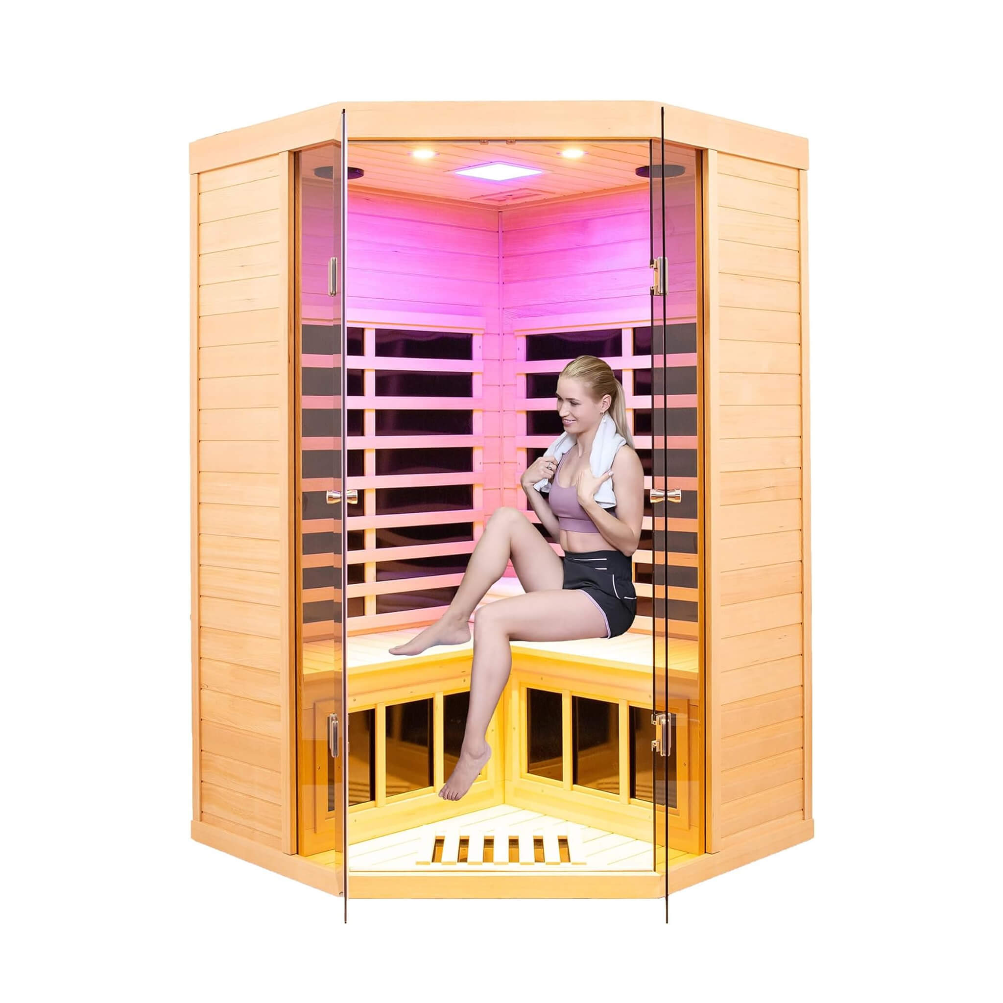 Premium 2-Person Corner Space Infrared Wooden Sauna Room With Bluetooth Speakers, 1600W (SAK81524) - Energize Trek