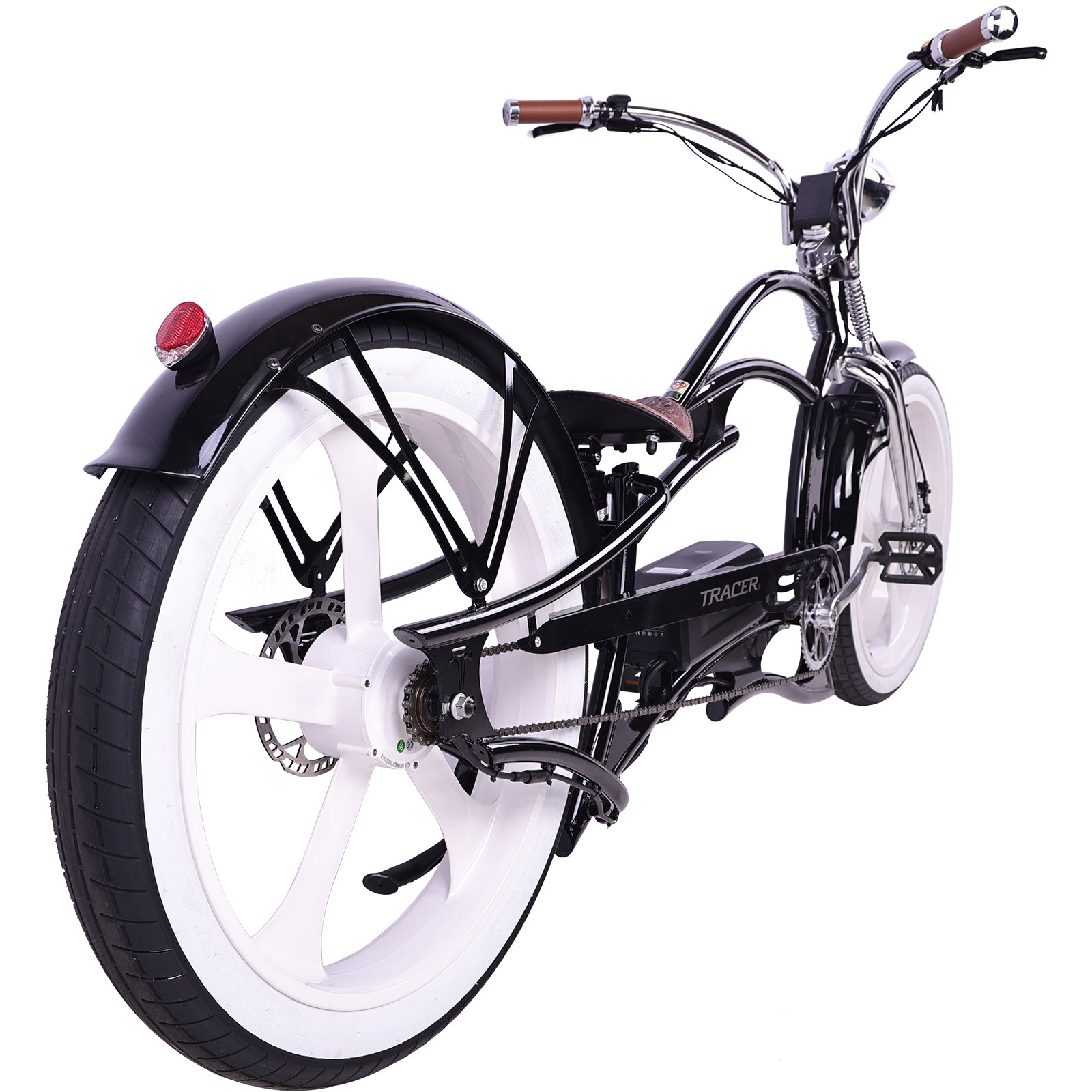 Tracer Raptor Pro DS (UPC: 74967183xxxx), 26" Chopper Stretch Cruiser E-Bike, Steel Frame Dual Spring DS Fork, Single Speed, Speed and Torque Integrated Sensor, It has an intelligent Pedal Assisted System with 3 riding modes and 5 levels of pedal assist - Energize Trek