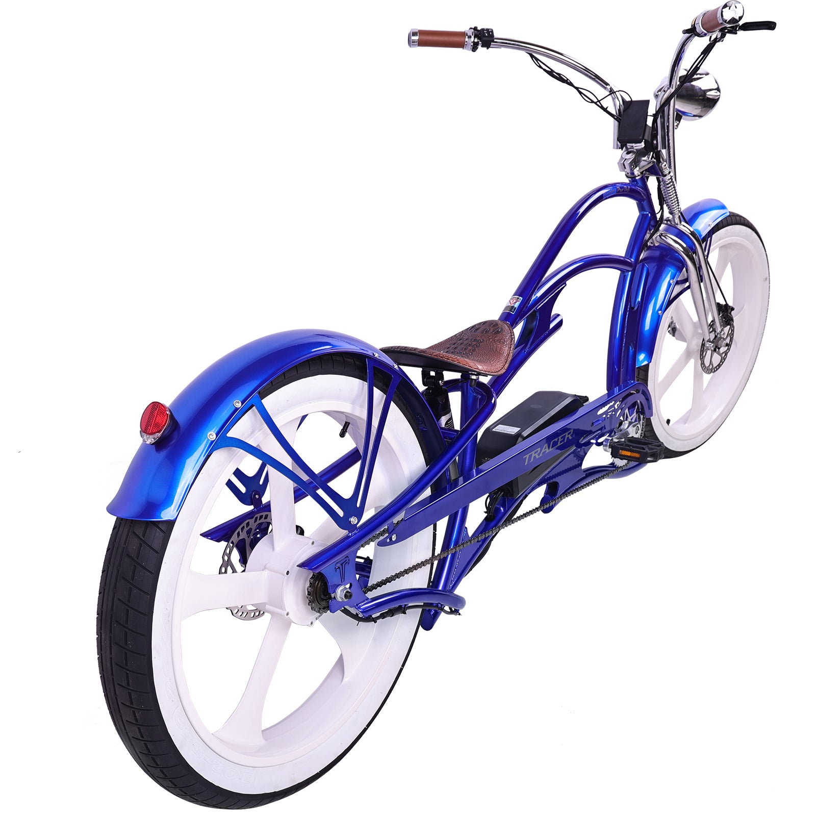 Tracer Raptor Pro DS (UPC: 74967183xxxx), 26" Chopper Stretch Cruiser E-Bike, Steel Frame Dual Spring DS Fork, Single Speed, Speed and Torque Integrated Sensor, It has an intelligent Pedal Assisted System with 3 riding modes and 5 levels of pedal assist - Energize Trek
