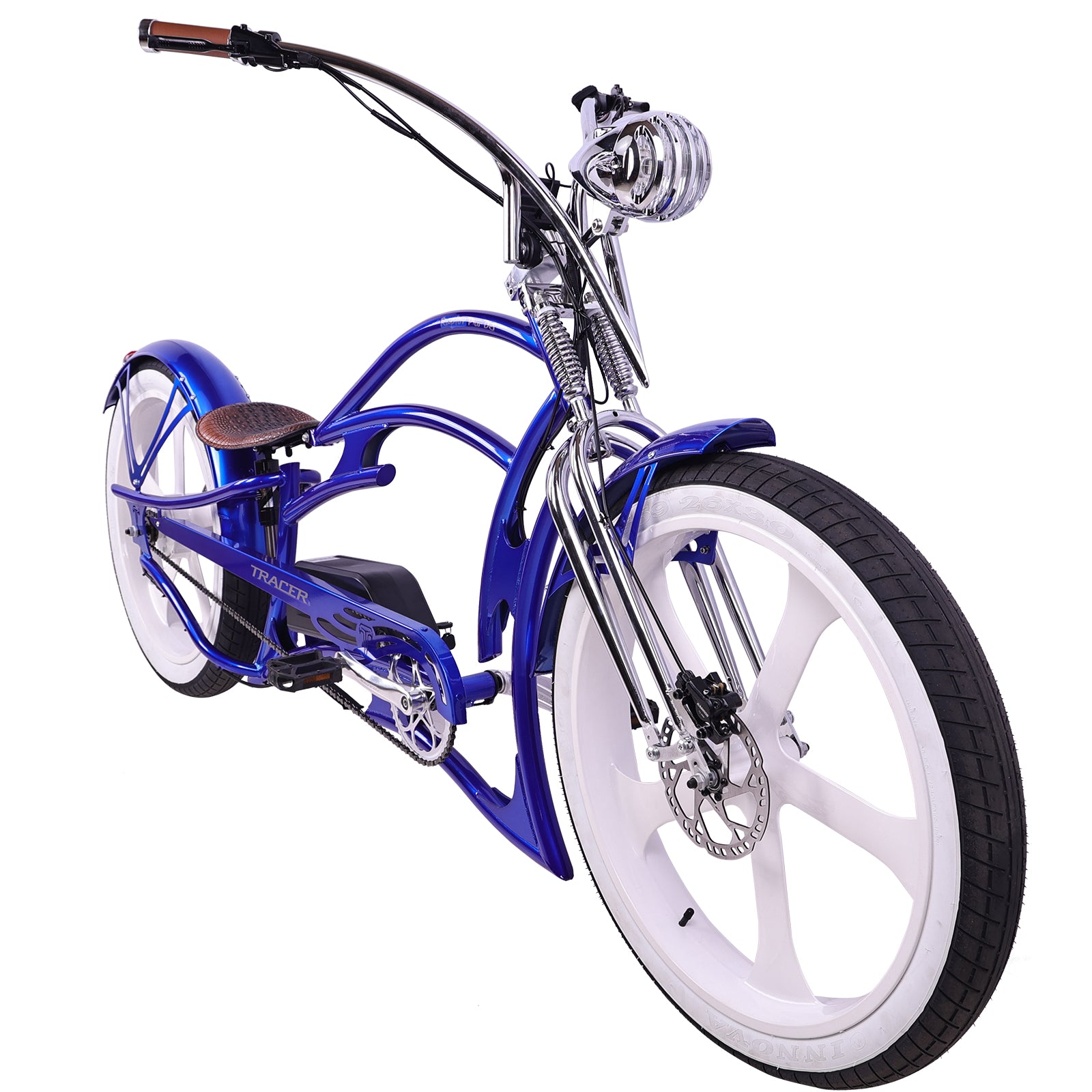 Tracer Raptor Pro DS (UPC: 74967183xxxx), 26" Chopper Stretch Cruiser E-Bike, Steel Frame Dual Spring DS Fork, Single Speed, Speed and Torque Integrated Sensor, It has an intelligent Pedal Assisted System with 3 riding modes and 5 levels of pedal assist - Energize Trek
