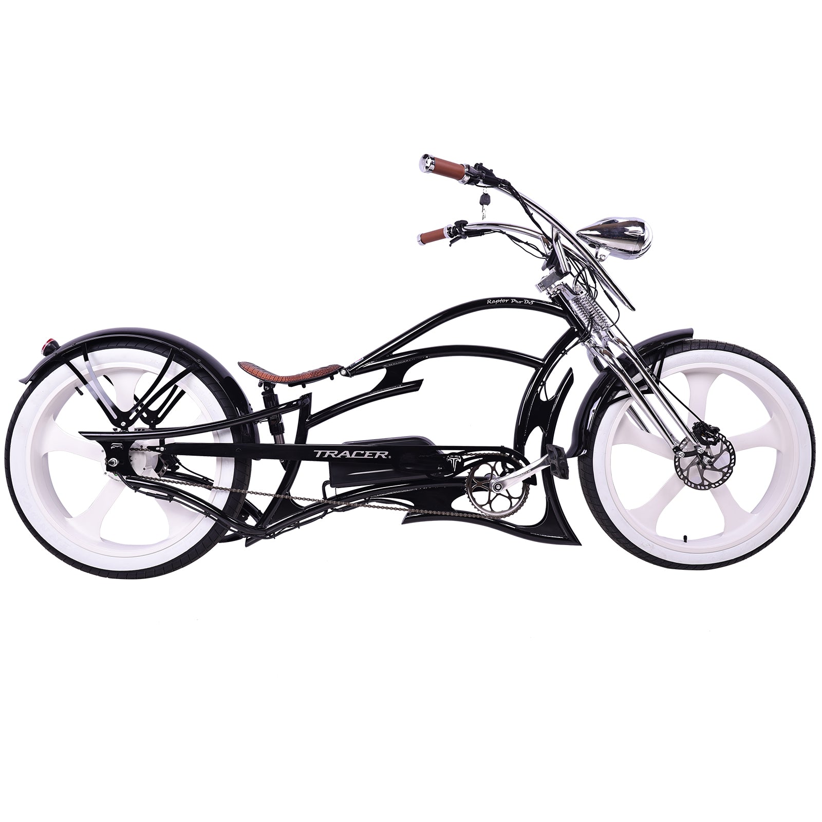 Tracer Raptor Pro DS (UPC: 74967183xxxx), 26" Chopper Stretch Cruiser E-Bike, Steel Frame Dual Spring DS Fork, Single Speed, Speed and Torque Integrated Sensor, It has an intelligent Pedal Assisted System with 3 riding modes and 5 levels of pedal assist - Energize Trek