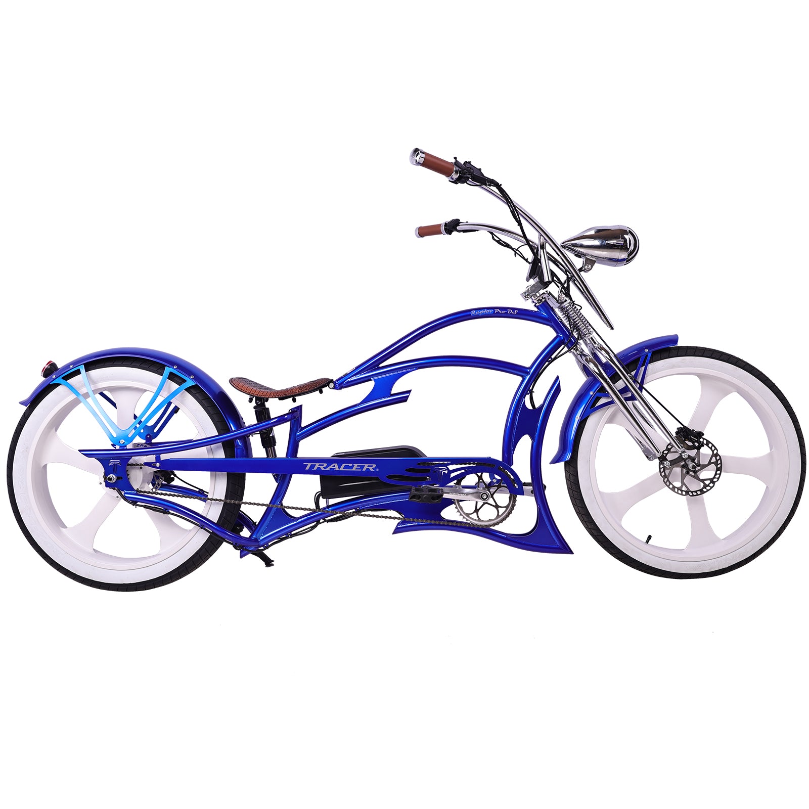 Tracer Raptor Pro DS (UPC: 74967183xxxx), 26" Chopper Stretch Cruiser E-Bike, Steel Frame Dual Spring DS Fork, Single Speed, Speed and Torque Integrated Sensor, It has an intelligent Pedal Assisted System with 3 riding modes and 5 levels of pedal assist - Energize Trek