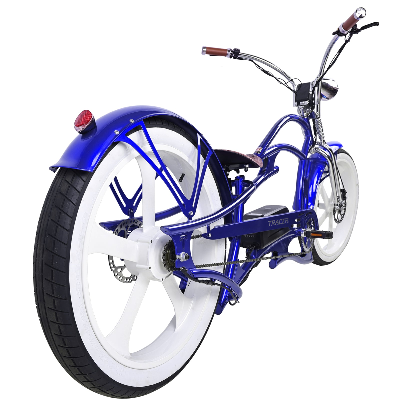 Tracer Raptor Pro DS (UPC: 74967183xxxx), 26" Chopper Stretch Cruiser E-Bike, Steel Frame Dual Spring DS Fork, Single Speed, Speed and Torque Integrated Sensor, It has an intelligent Pedal Assisted System with 3 riding modes and 5 levels of pedal assist - Energize Trek