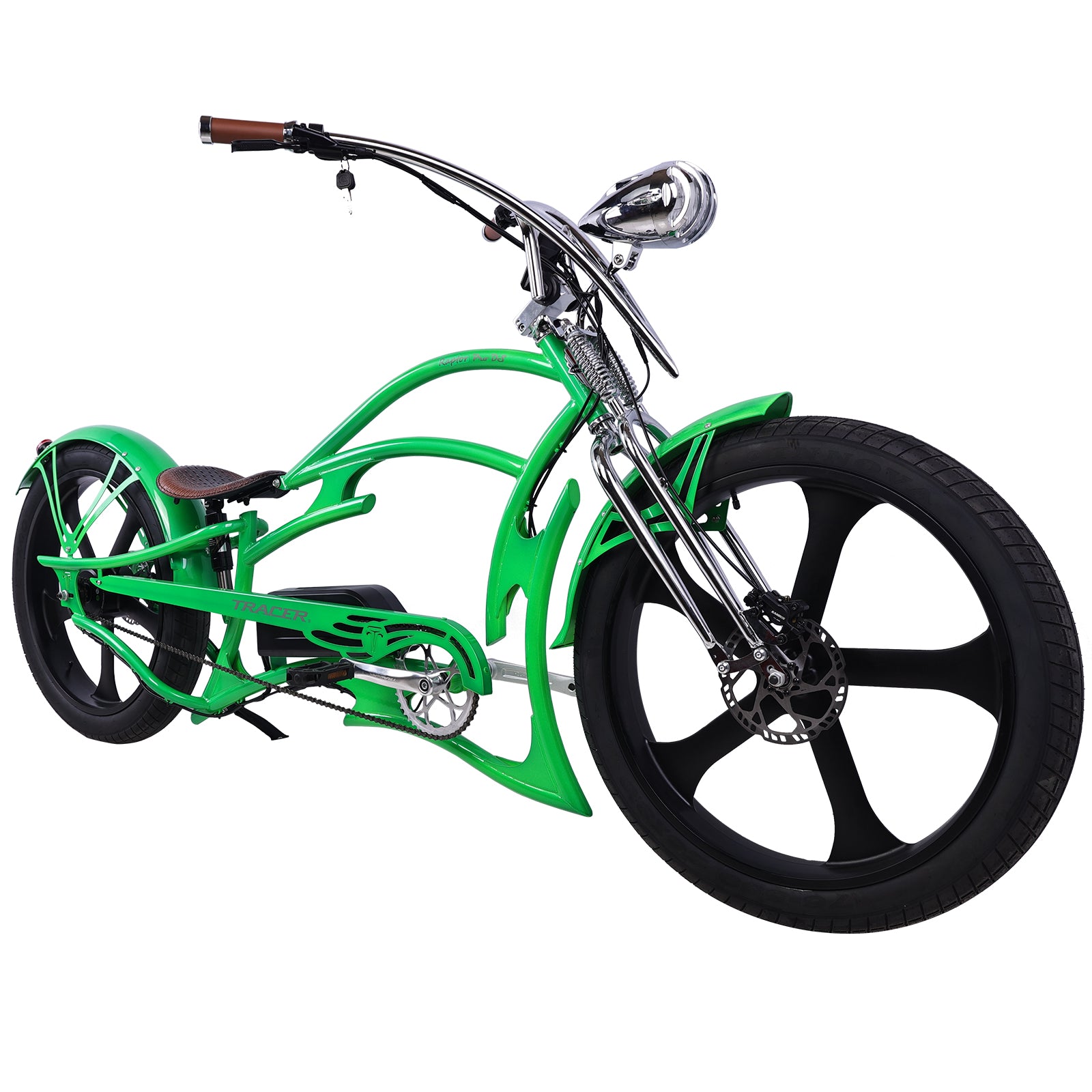 Tracer Raptor Pro DS (UPC: 74967183xxxx), 26" Chopper Stretch Cruiser E-Bike, Steel Frame Dual Spring DS Fork, Single Speed, Speed and Torque Integrated Sensor, It has an intelligent Pedal Assisted System with 3 riding modes and 5 levels of pedal assist - Energize Trek