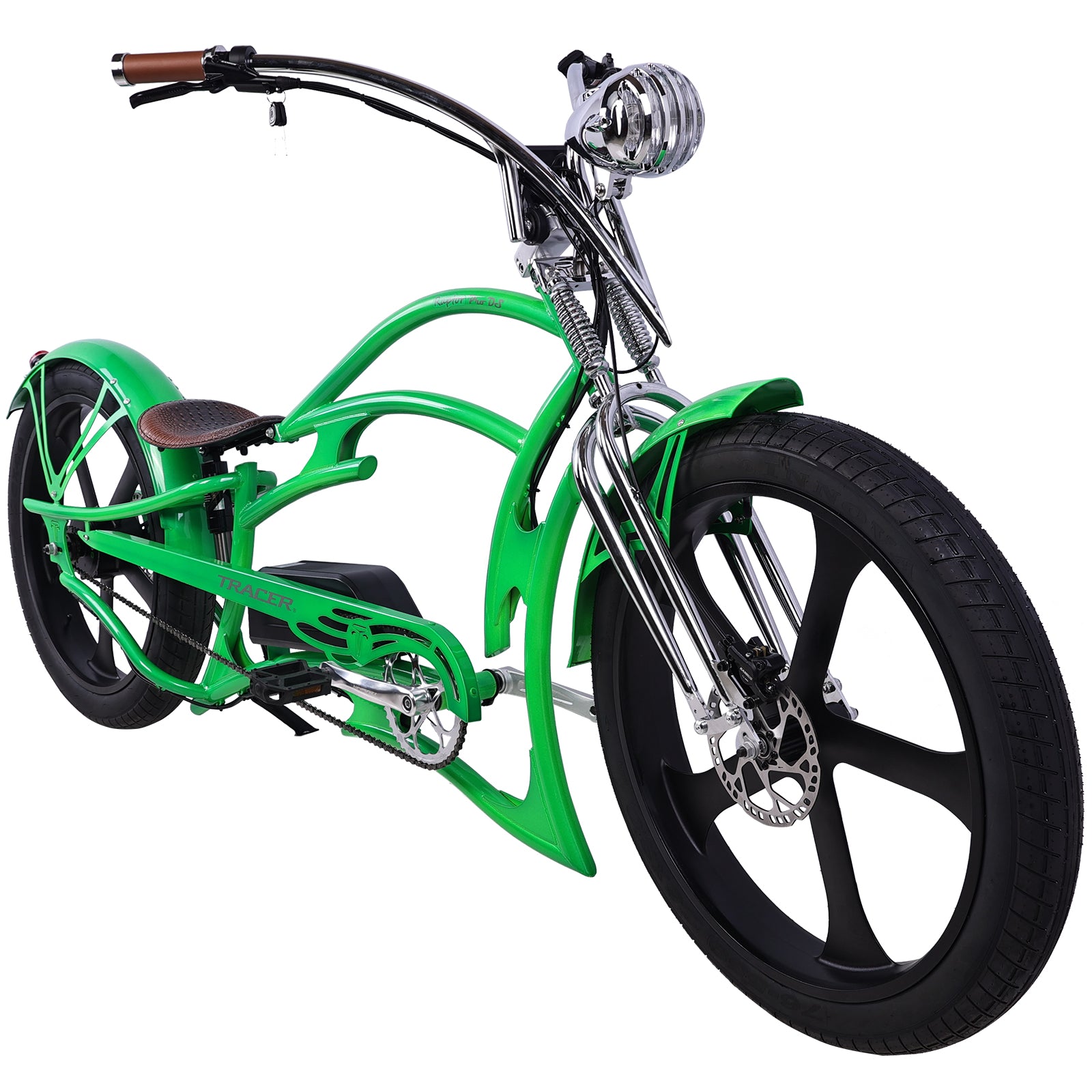 Tracer Raptor Pro DS (UPC: 74967183xxxx), 26" Chopper Stretch Cruiser E-Bike, Steel Frame Dual Spring DS Fork, Single Speed, Speed and Torque Integrated Sensor, It has an intelligent Pedal Assisted System with 3 riding modes and 5 levels of pedal assist - Energize Trek